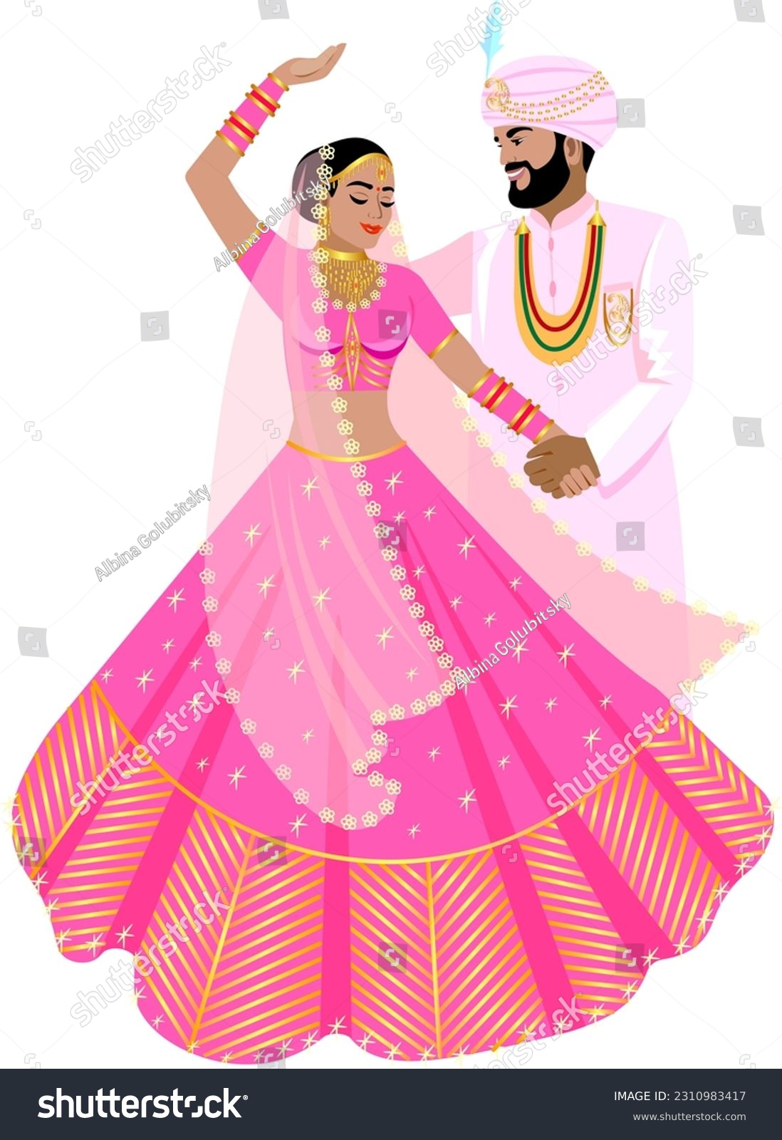 SVG of Beautiful Indian couple dancing wedding dance Bride in bright pink wedding dress Groom in light pink suit and turban Vector svg