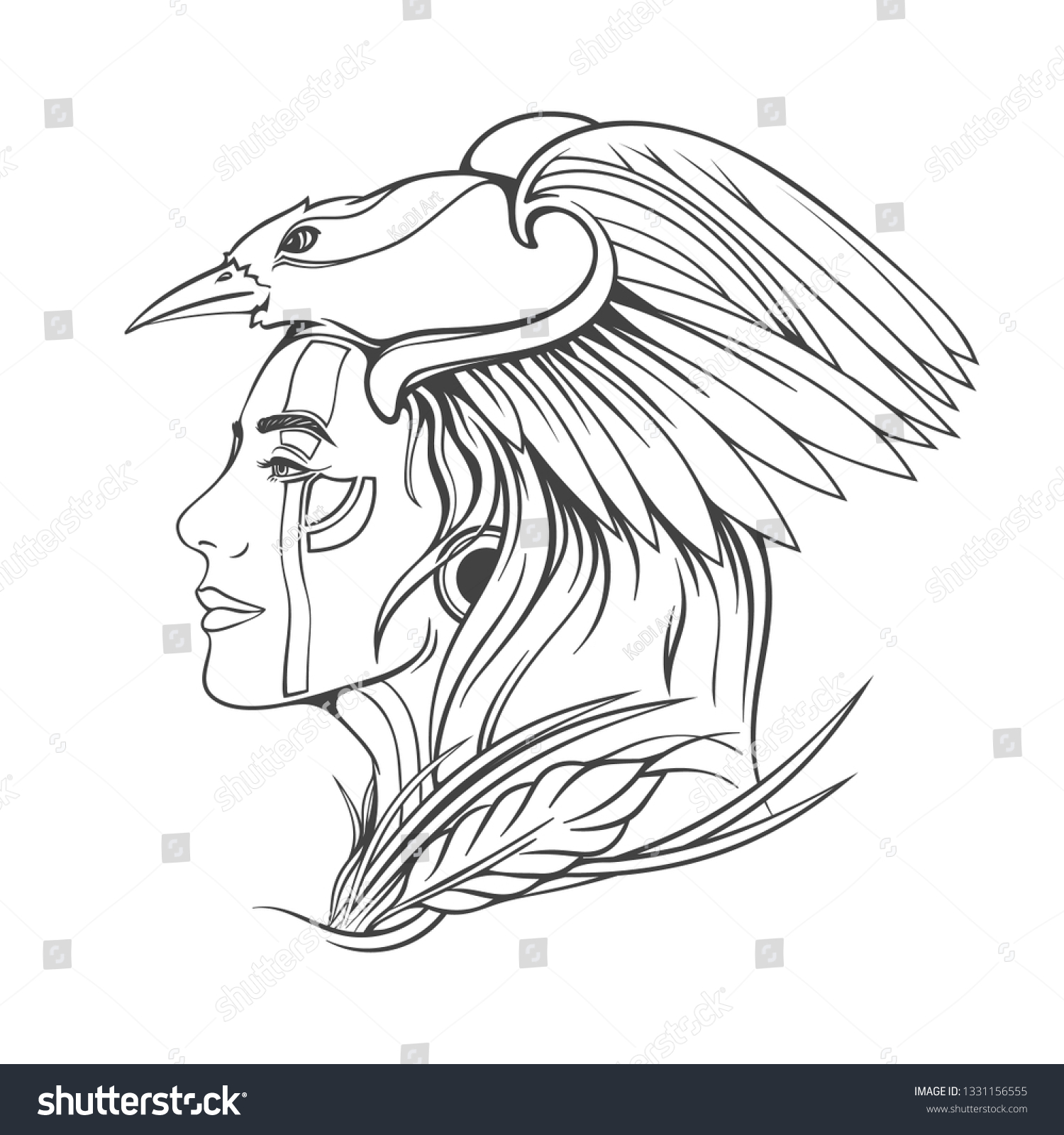 Beautiful Indian Woman Raven On Head Stock Vector (Royalty Free) 1331156555