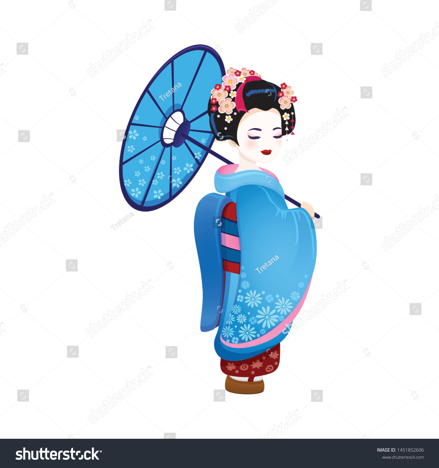 SVG of Beautiful japanese girl in kimono Young Geisha with blue umbrella hanami sakura blossom old kimono makeup maiko hair style shy, Japanese with eyes closed at the festival vector icon isolated on white svg