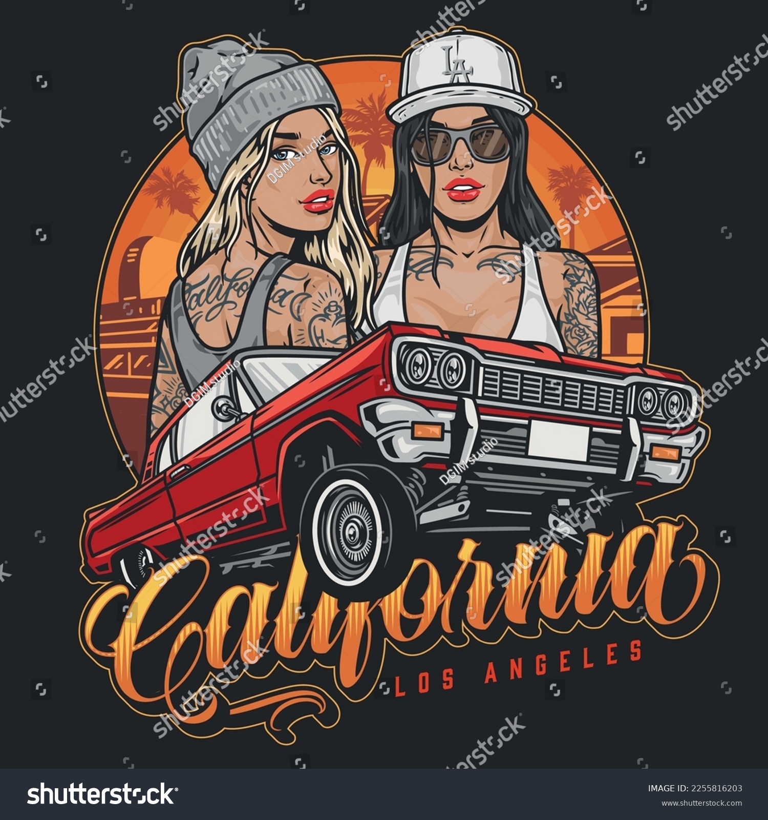 SVG of Beautiful lowrider girls flyer colorful car for street racing in Los Angeles and tattooed hot belle vector illustration svg