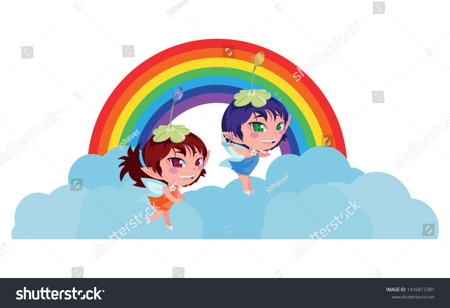 Beautiful Magic Fairies Rainbow Scene Stock Vector Royalty Free