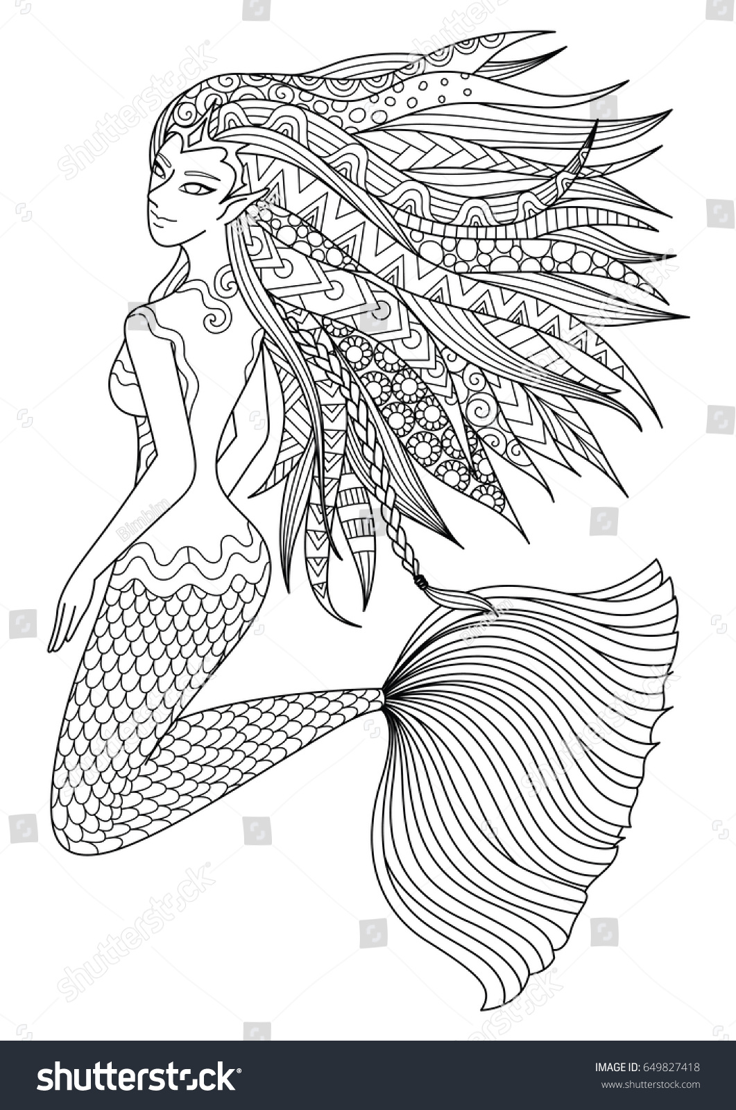 Beautiful mermaid swimming in the ocean design for adult coloring book page Vector illustration