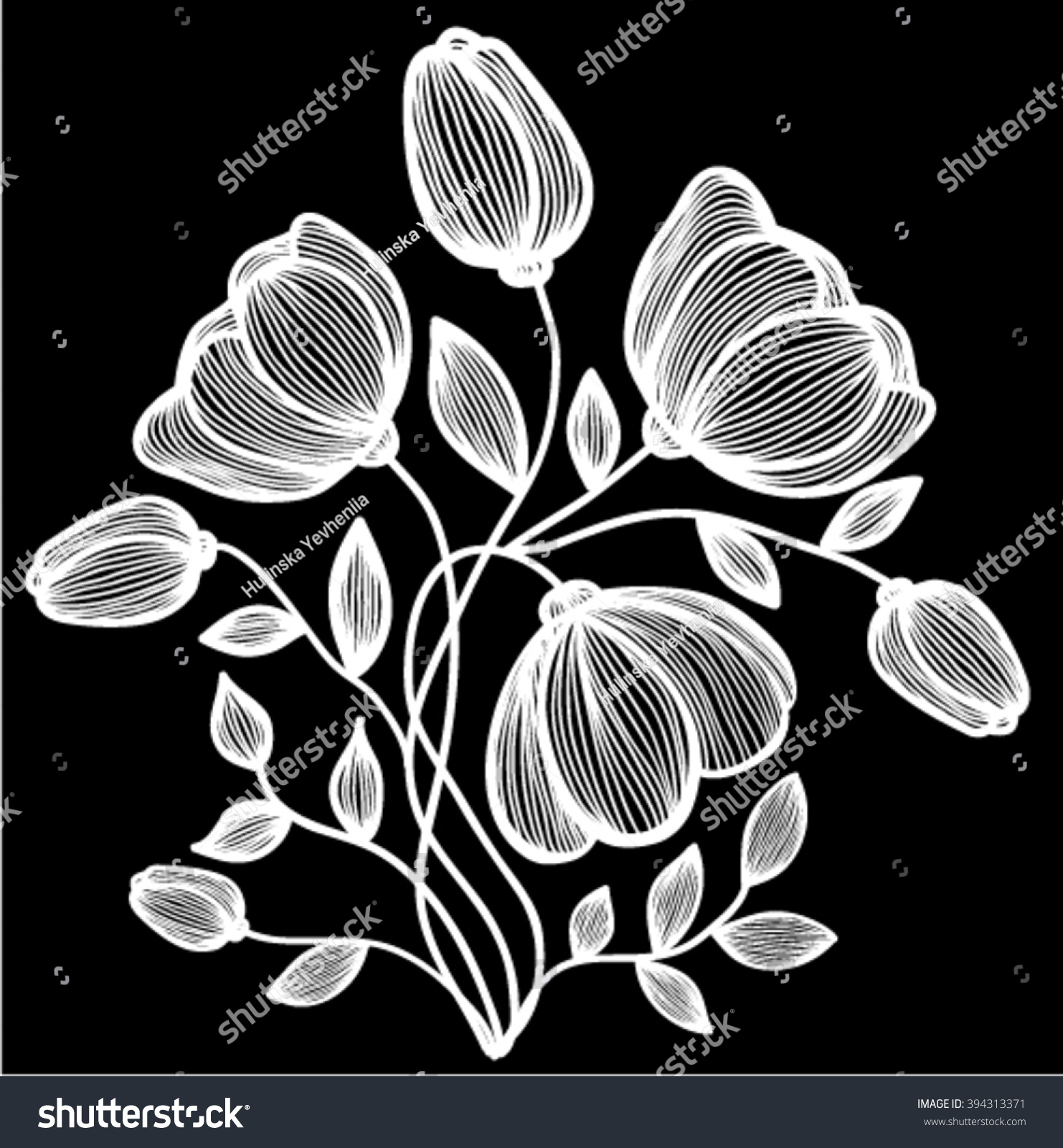 Beautiful Monochrome Black White Flowers Leaves Stock Vector (Royalty ...