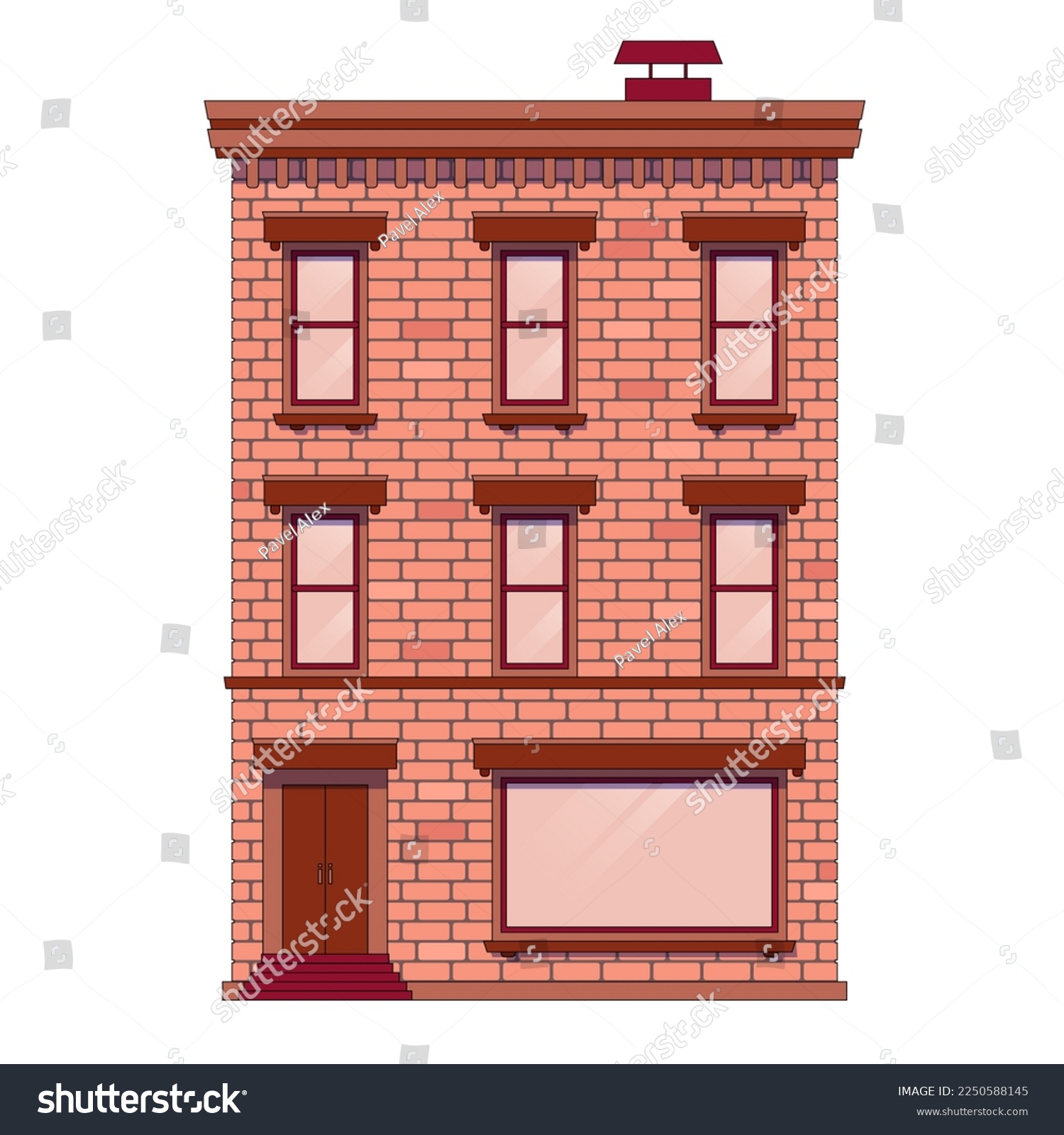 SVG of beautiful multi-storey brick house.Vector illustration.large showcase on the ground floor of a red house svg