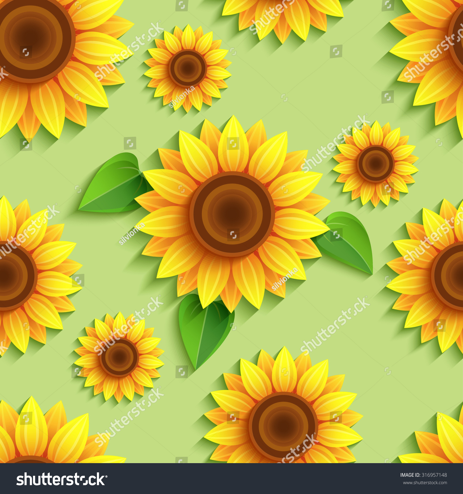 SVG of Beautiful nature green background seamless pattern with 3d sunflower. Floral trendy backdrop with stylized yellow, orange summer flower and leaves. Bright stylish modern wallpaper. Vector illustration svg