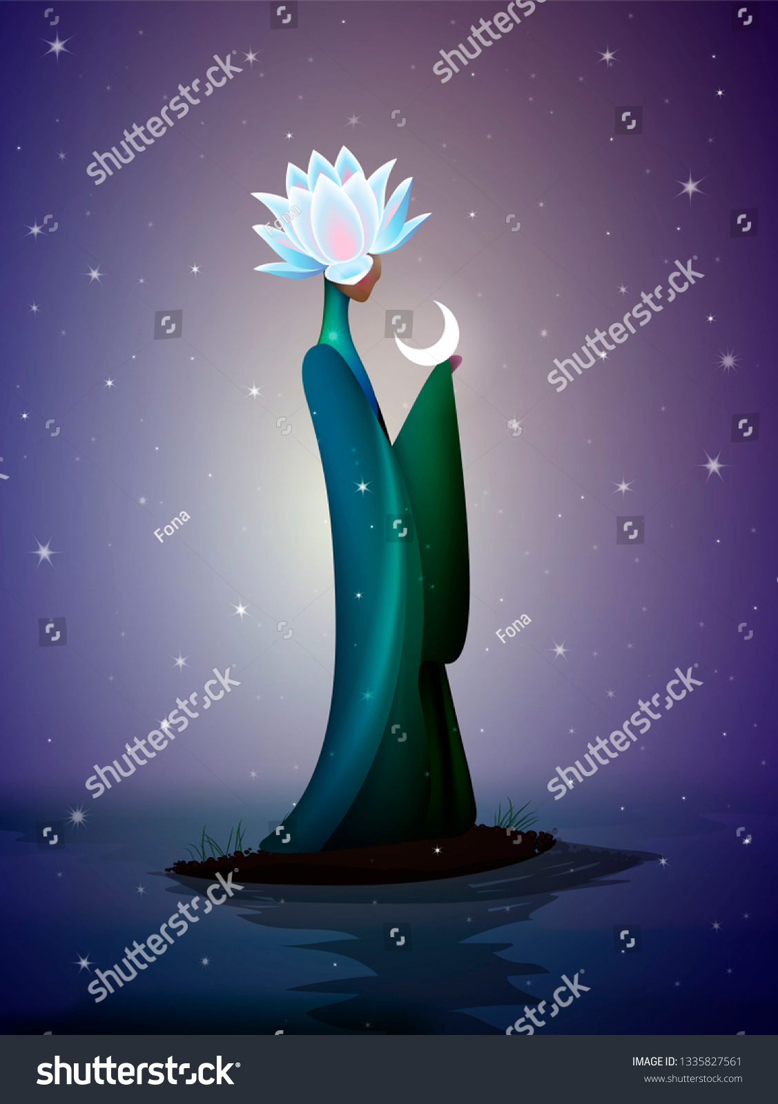 美しい夜の妖精 スピング妖精 幻想的 川の上の頭にユリの花と月の花を持つ女性のシルエットの川の妖精 のベクター画像素材 ロイヤリティフリー