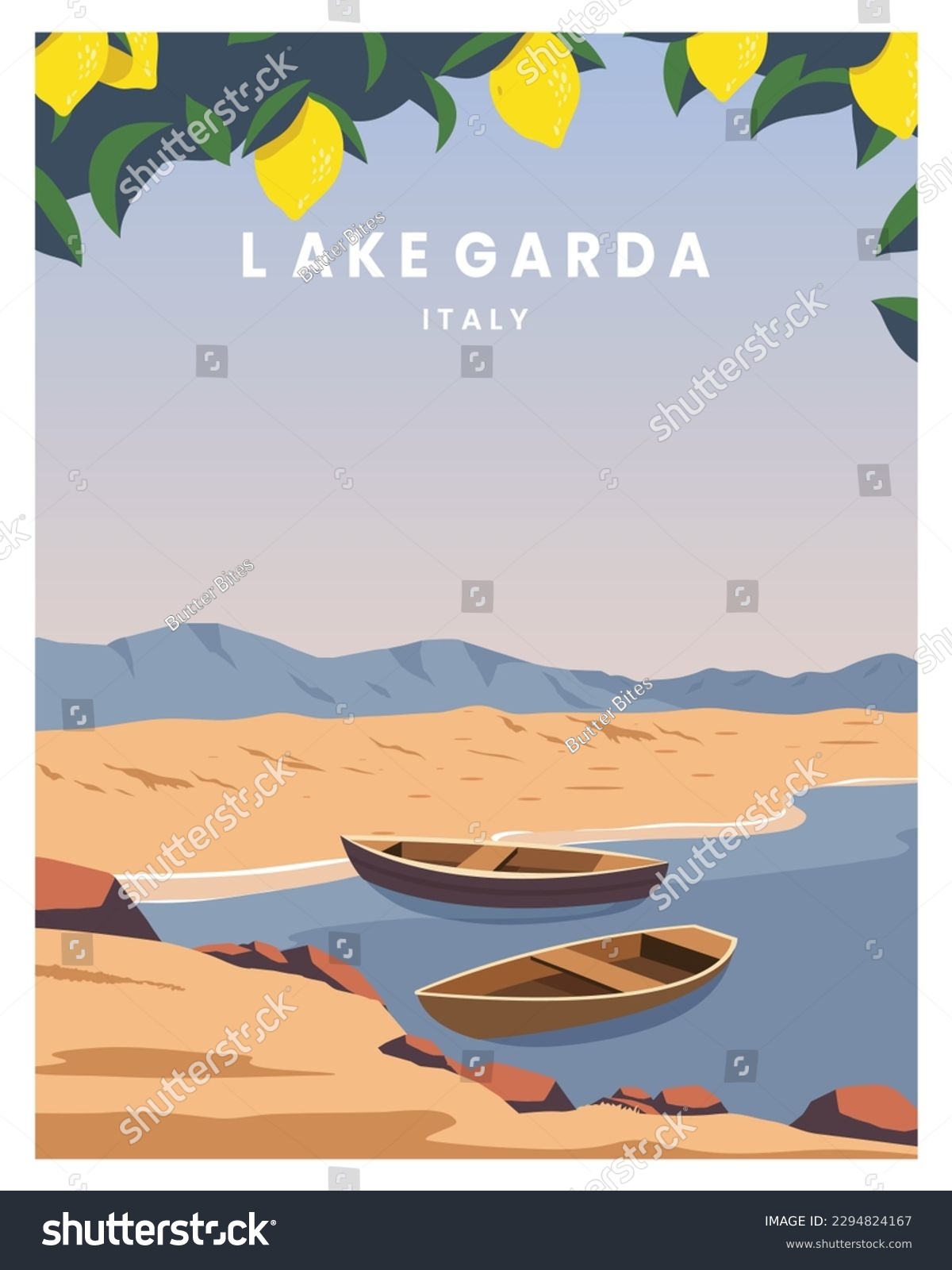 SVG of beautiful Panorama of the Lake Garda in Italy. vector illustration landscape for background, travel poster, card, postcard, print. svg