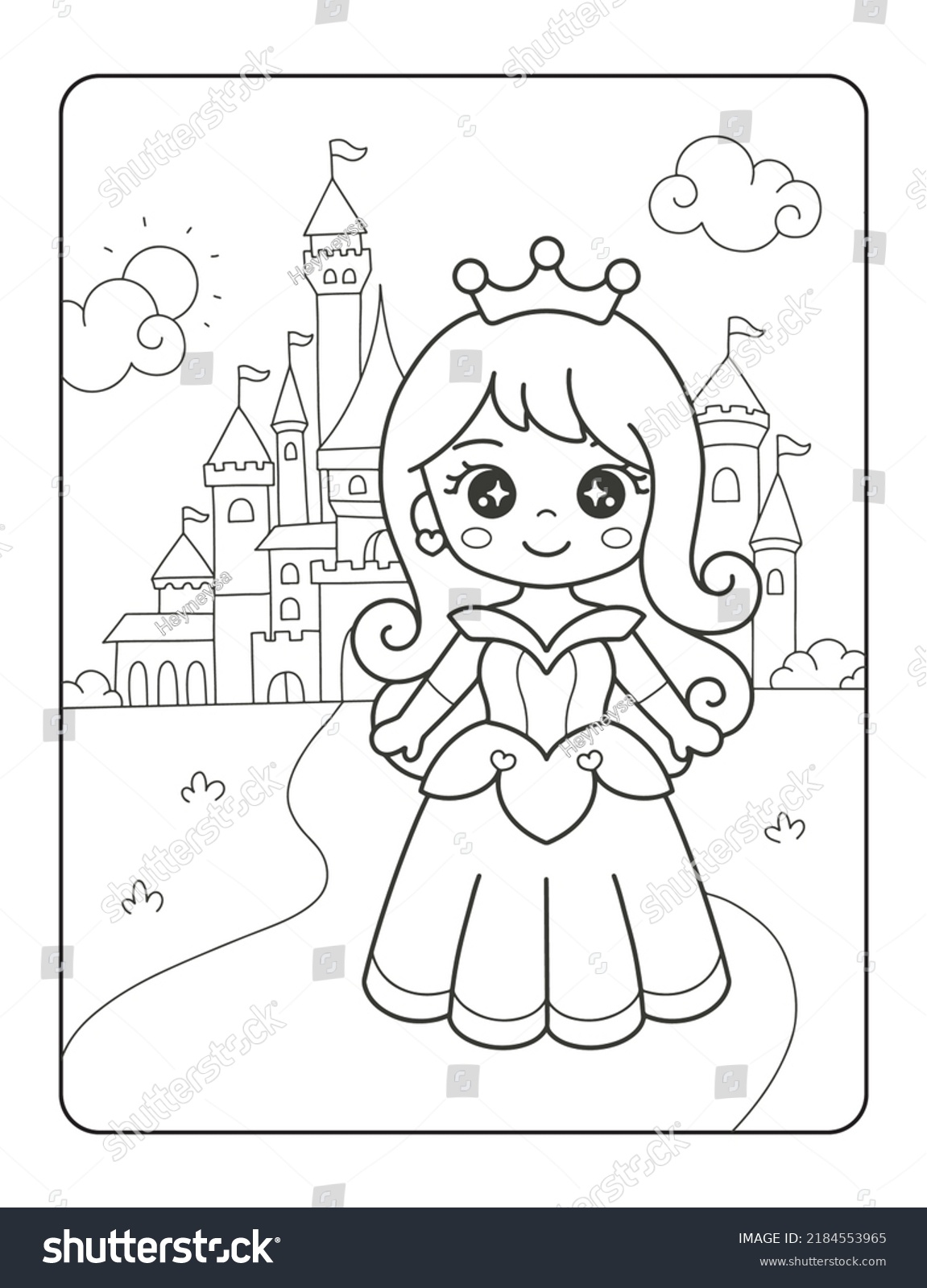 SVG of Beautiful princess with castle printable coloring page svg