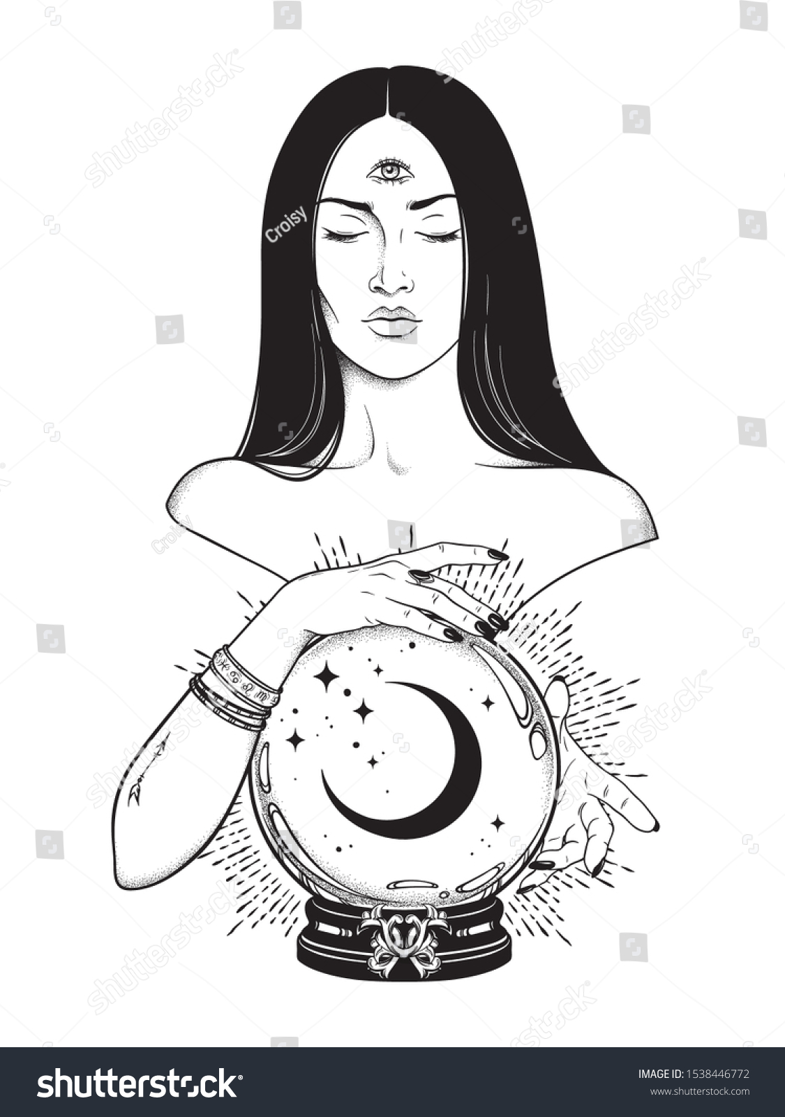 picture Third Eye Line Drawing https www shutterstock com image vector beautiful prophetess third eye reading magic 1538446772