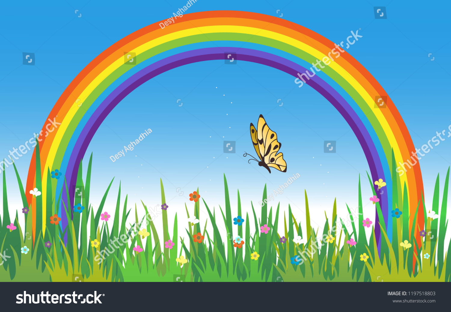 Beautiful Rainbow Scenery Grass Flowers Butterfly Stock Vector Royalty Free 1197518803