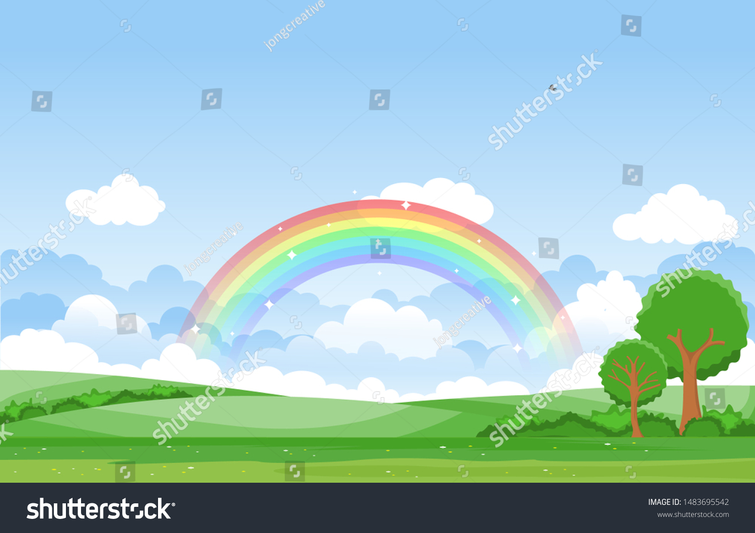 美しい虹の空と緑の牧草地の山岳自然の風景イラスト のベクター画像素材 ロイヤリティフリー