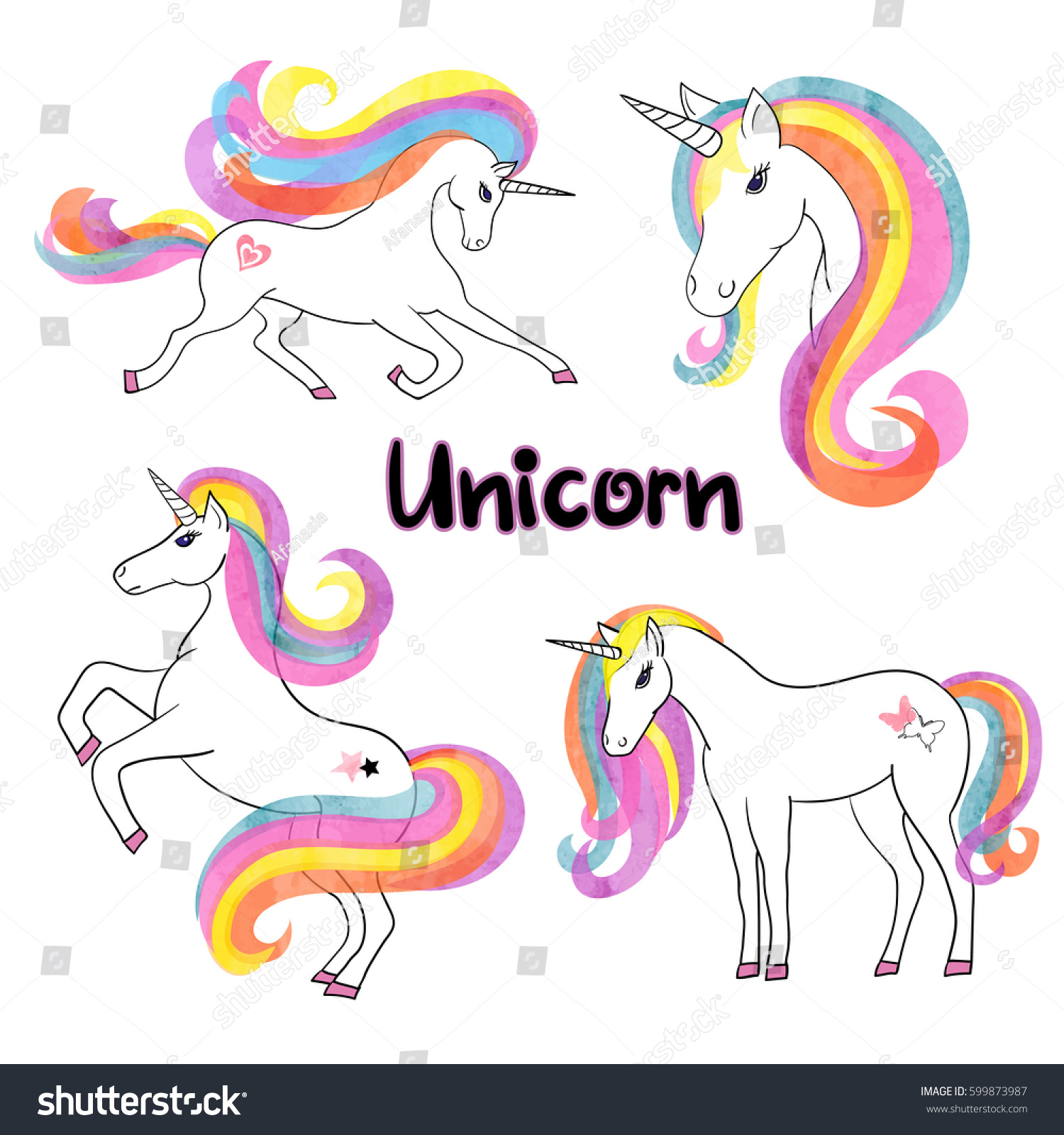 Download Beautiful Rainbow Watercolor Unicorns Set Vector Stock Vector 599873987 - Shutterstock