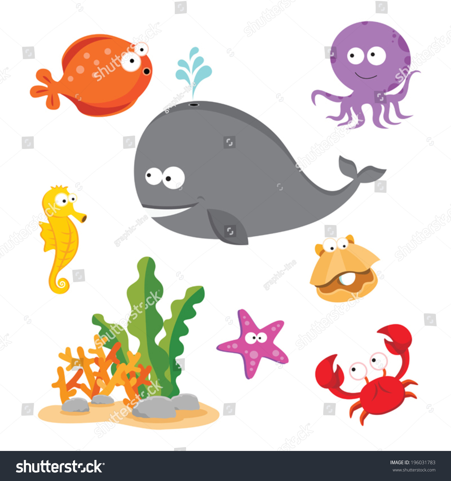 Beautiful Sea Creatures. Vector Illustration Of Colorful Sea Creatures ...