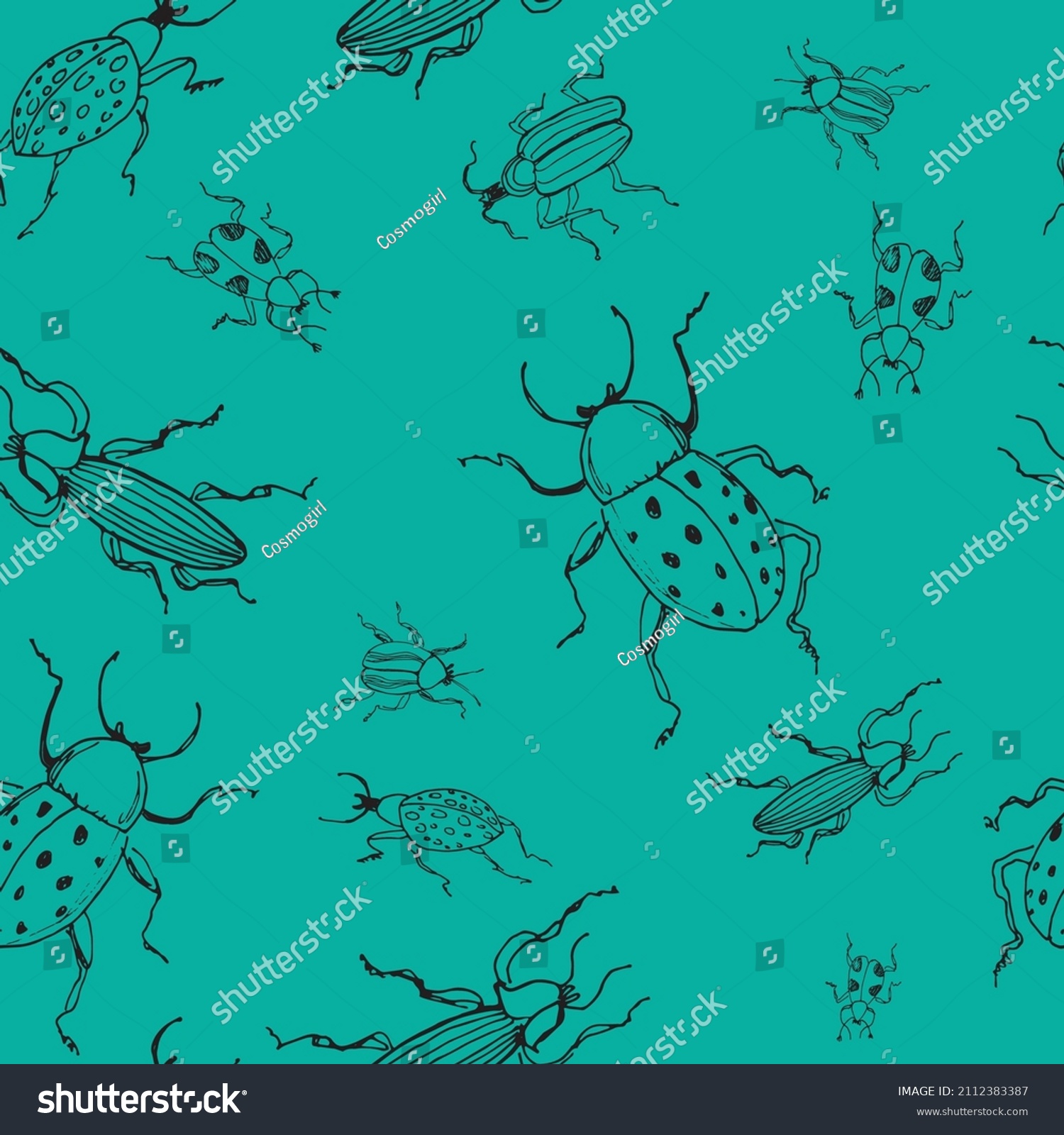 SVG of Beautiful seamless pattern of stylized different bugs and insects on green background. Hand drawn outline sketch for wallpaper, textile, print. svg