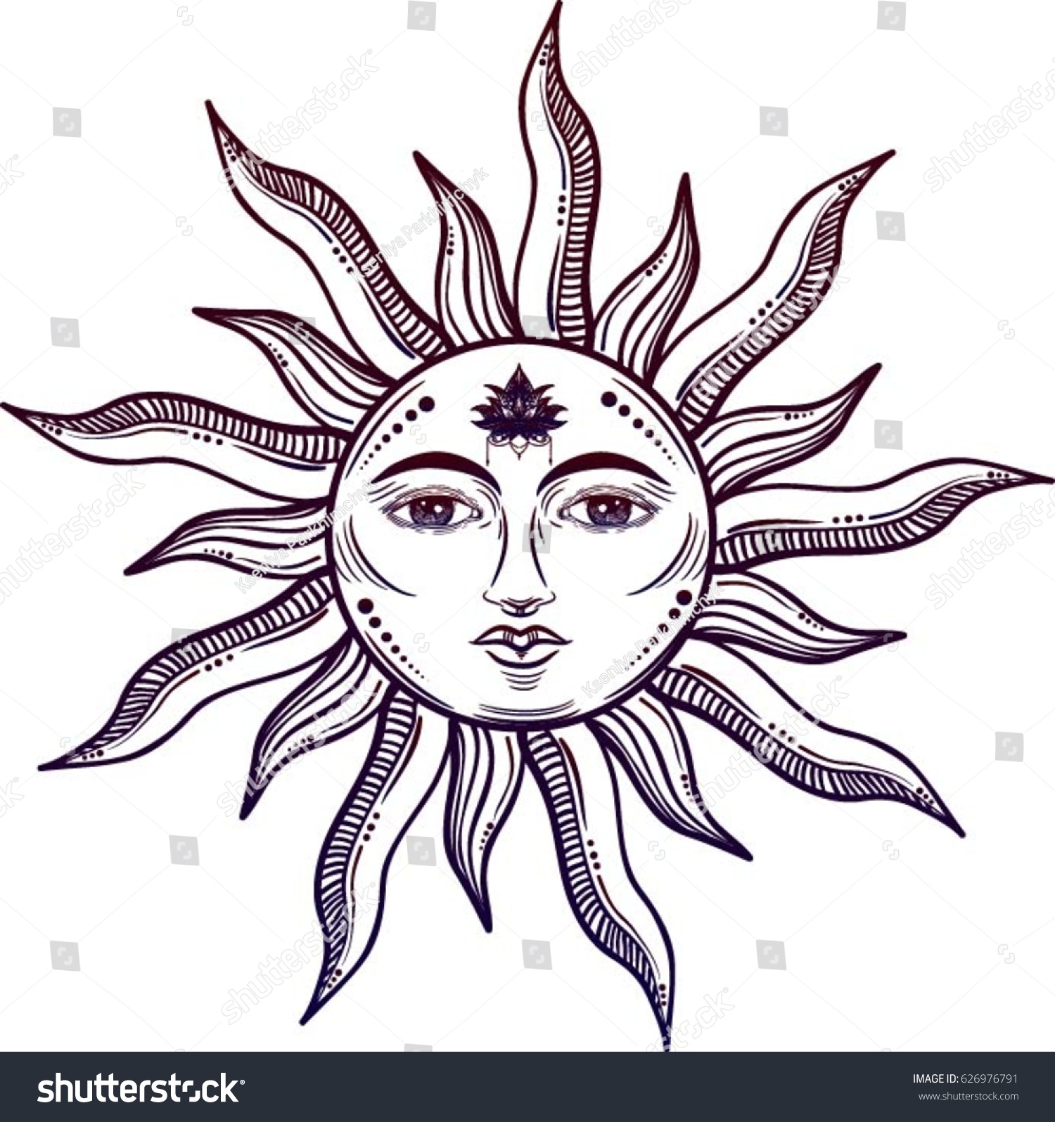 蓮の花を持つ美しい太陽の顔のシンボル ベクターイラスト のベクター画像素材 ロイヤリティフリー
