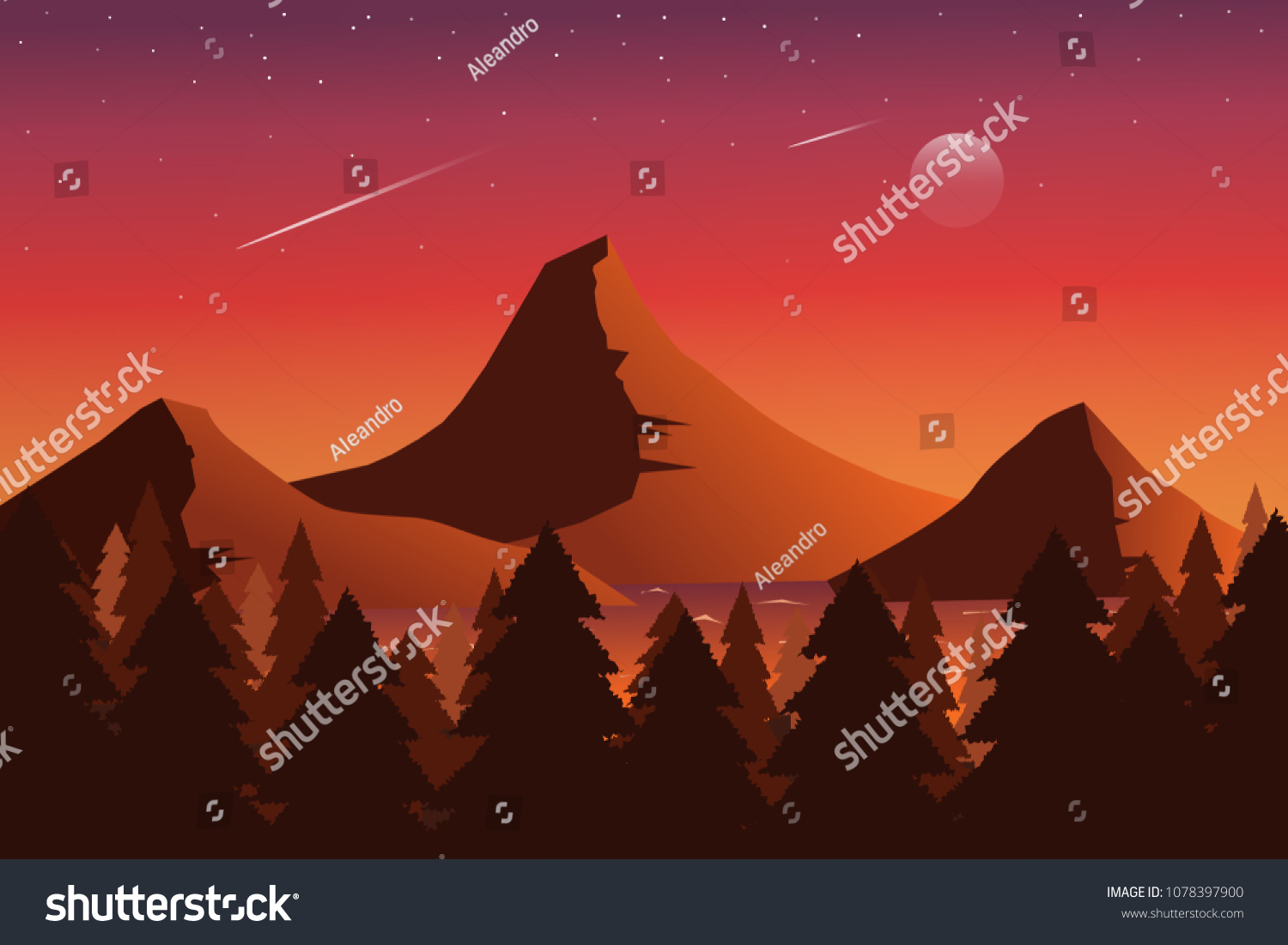 Beautiful Sunset Landscape Mountains Forest Stars Stock Vector