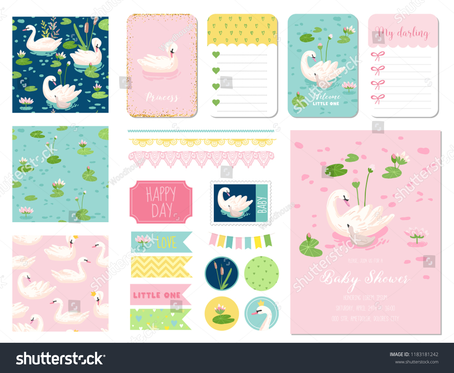 Beautiful Swans Baby Shower Scrapbook Set Stock Vector Royalty Free 1183181242