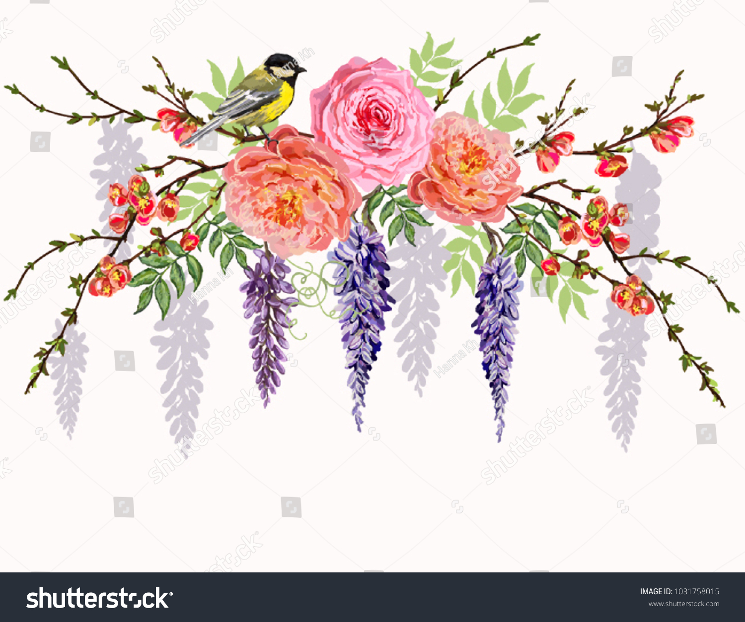 SVG of Beautiful  vector floral summer pattern background with japanese spring branches, roses, peony flowers, bird. Perfect for wallpapers, web page backgrounds, surface textures, textile svg