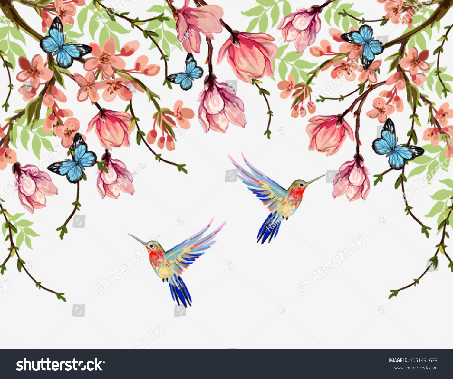 SVG of Beautiful  vector floral summer pattern background with tropical japanese flowers, wisteria, magnolia, butterflies, magnolia. Perfect for wallpapers, web page backgrounds, surface textures, textile. svg