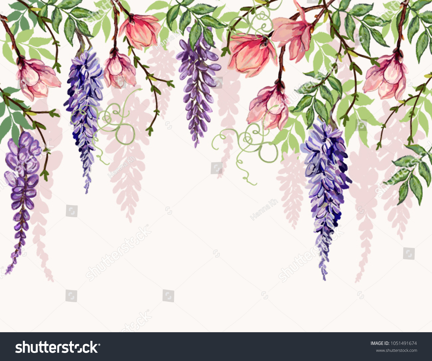 SVG of Beautiful  vector floral summer pattern background with tropical japanese flowers, wisteria, magnolia. Perfect for wallpapers, web page backgrounds, surface textures, textile. svg