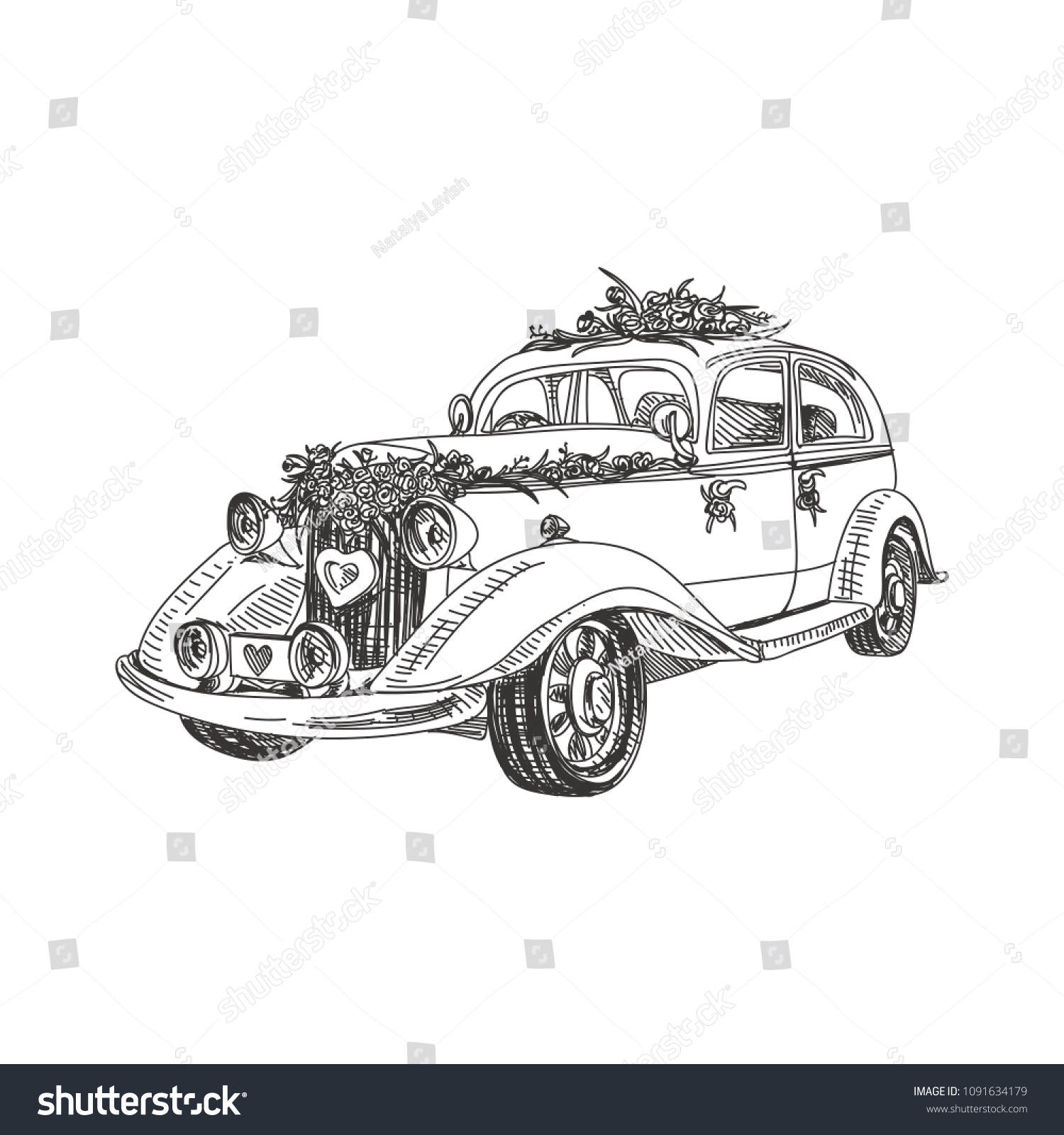 美しいベクター手描きのレトロな結婚式の車イラスト レトロなスタイルの詳細画像 ラベル パッケージ カードデザイン用のビンテージスケッチエレメント 現代の背景 のベクター画像素材 ロイヤリティフリー Shutterstock