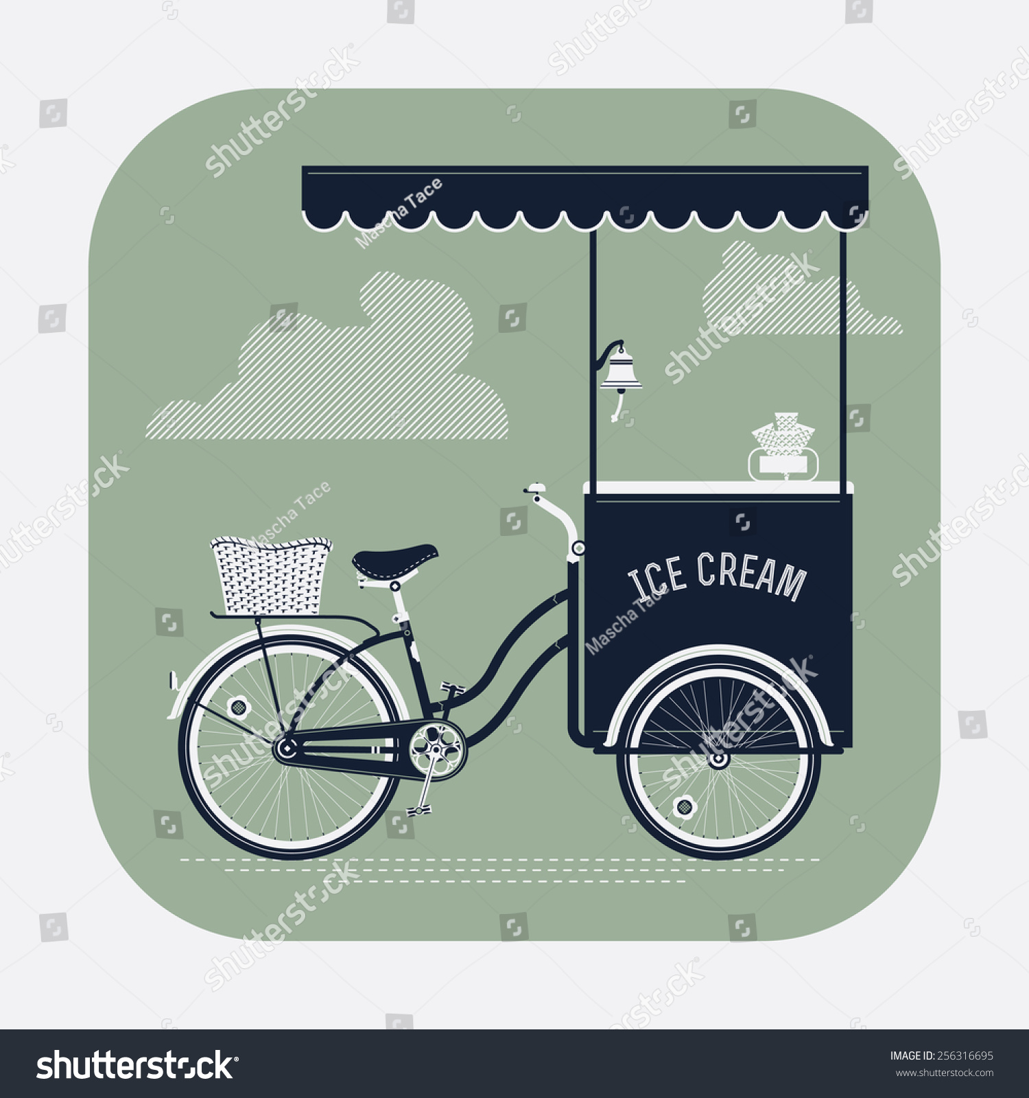 SVG of Beautiful vector ice cream bicycle cart vintage classic design round corners icon | Detailed retro ice cream vending cart with awning svg