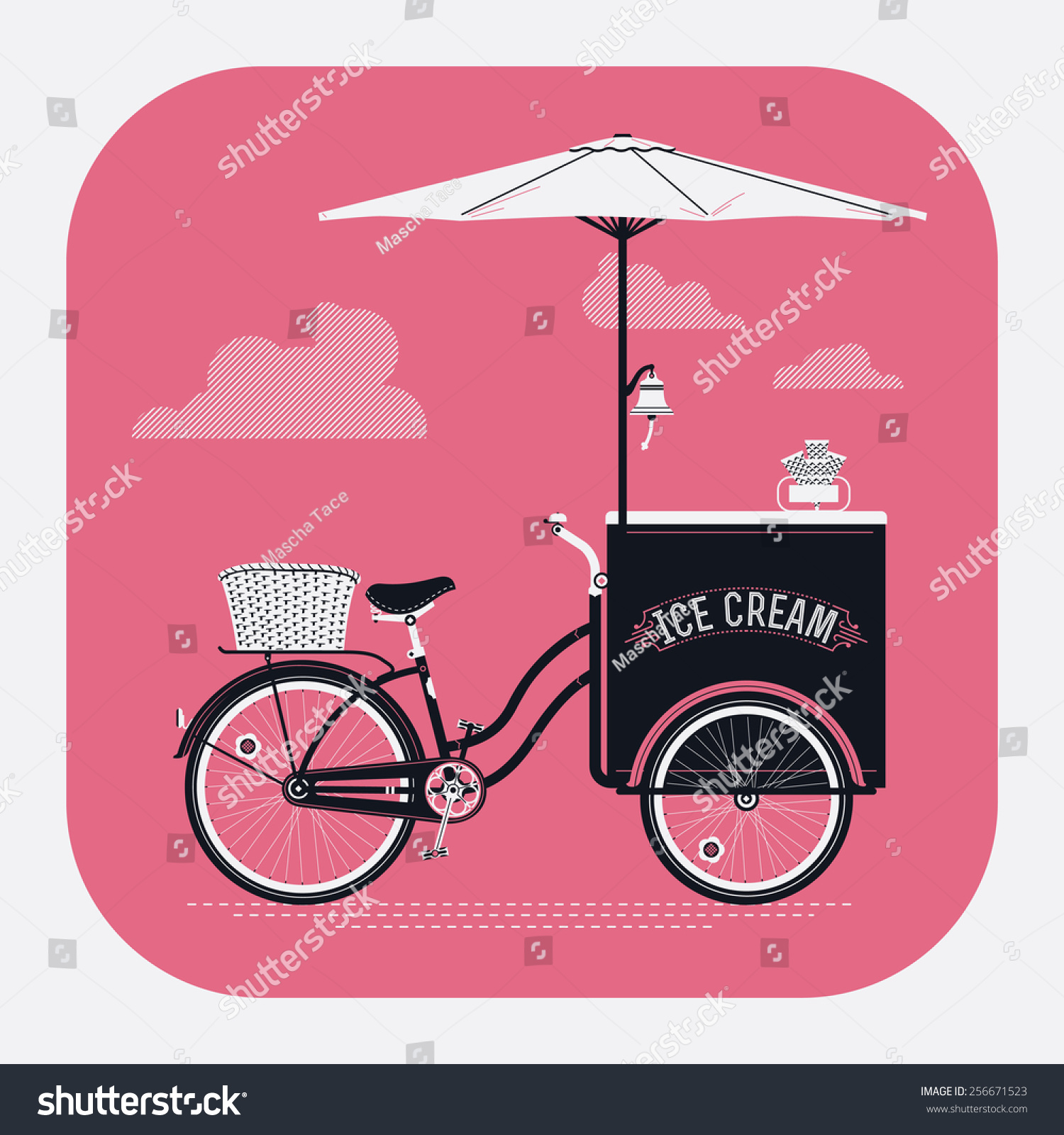 SVG of Beautiful vector ice cream retro bicycle cart with sunshade vintage classic design round corners icon | Detailed retro ice cream vending cart with parasol svg