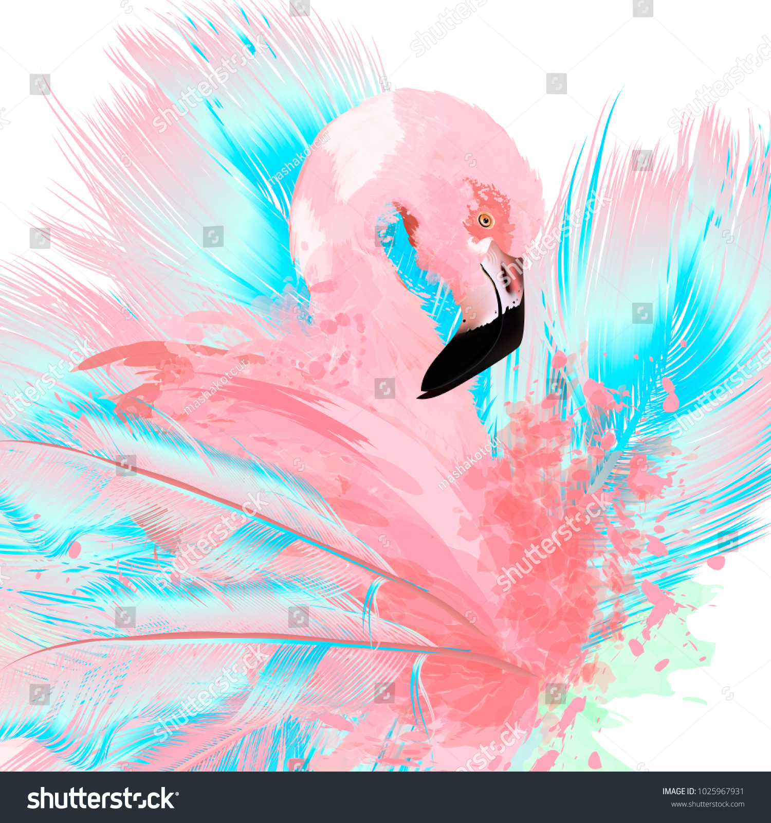 ピンクのフラミンゴと青い羽を描いた美しいベクターイラスト のベクター画像素材 ロイヤリティフリー