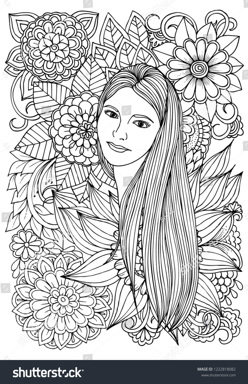 Beautiful Woman Flowers Page Coloring Book Stock Vector (Royalty Free ...