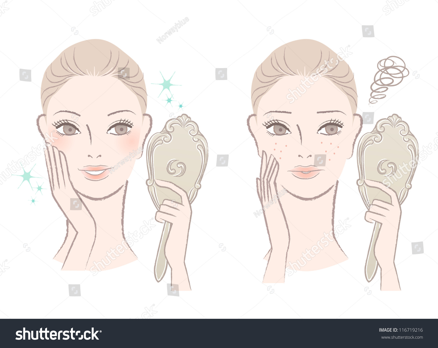 SVG of Beautiful woman examining herself in the mirror. Before & after skin care. Isolated on white.For other variation, check my portfolio. svg