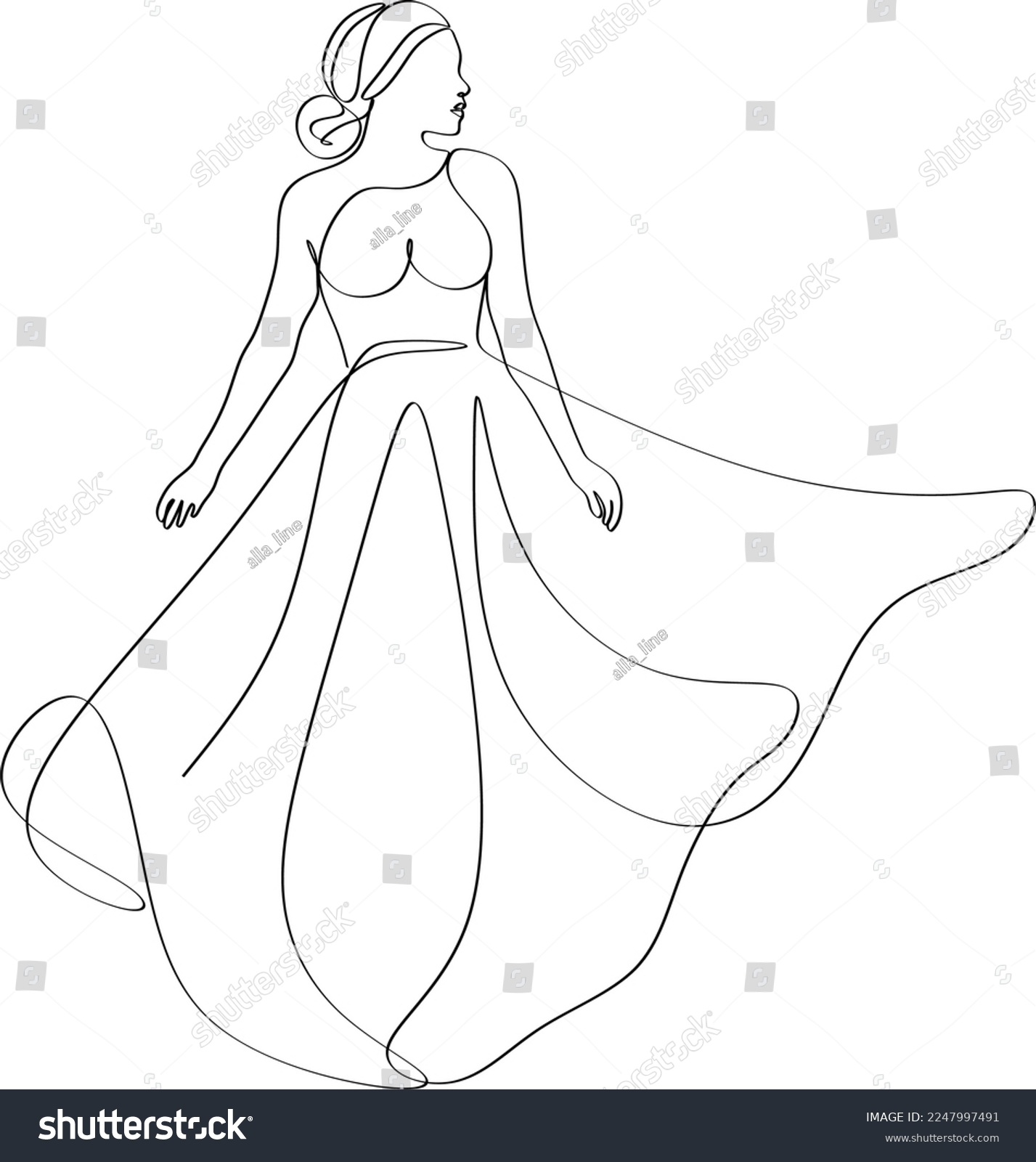SVG of Beautiful woman in long flowing dress in continuous line art drawing style. Girl wearing luxury evening or bridal gown. Minimalist black linear sketch isolated on white background. Vector illustration svg