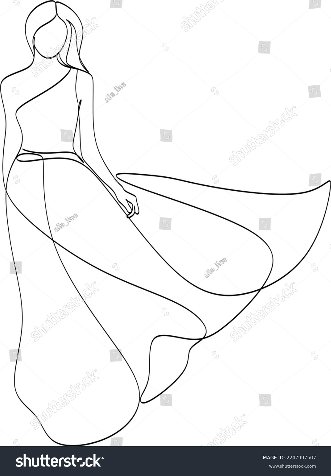 SVG of Beautiful woman in long flowing dress in continuous line art drawing style. Girl wearing luxury evening or bridal gown. Minimalist black linear sketch isolated on white background. Vector illustration svg