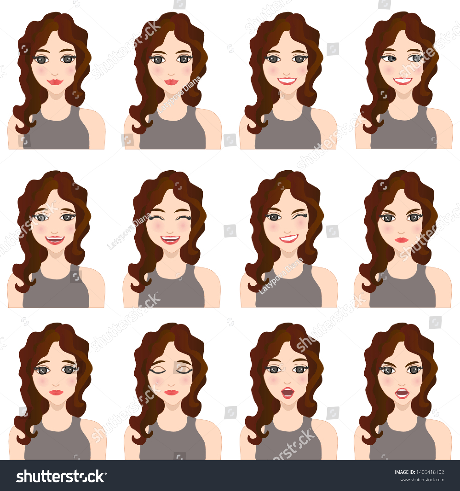 Beautiful Woman Different Facial Expressions Set Vector De Stock