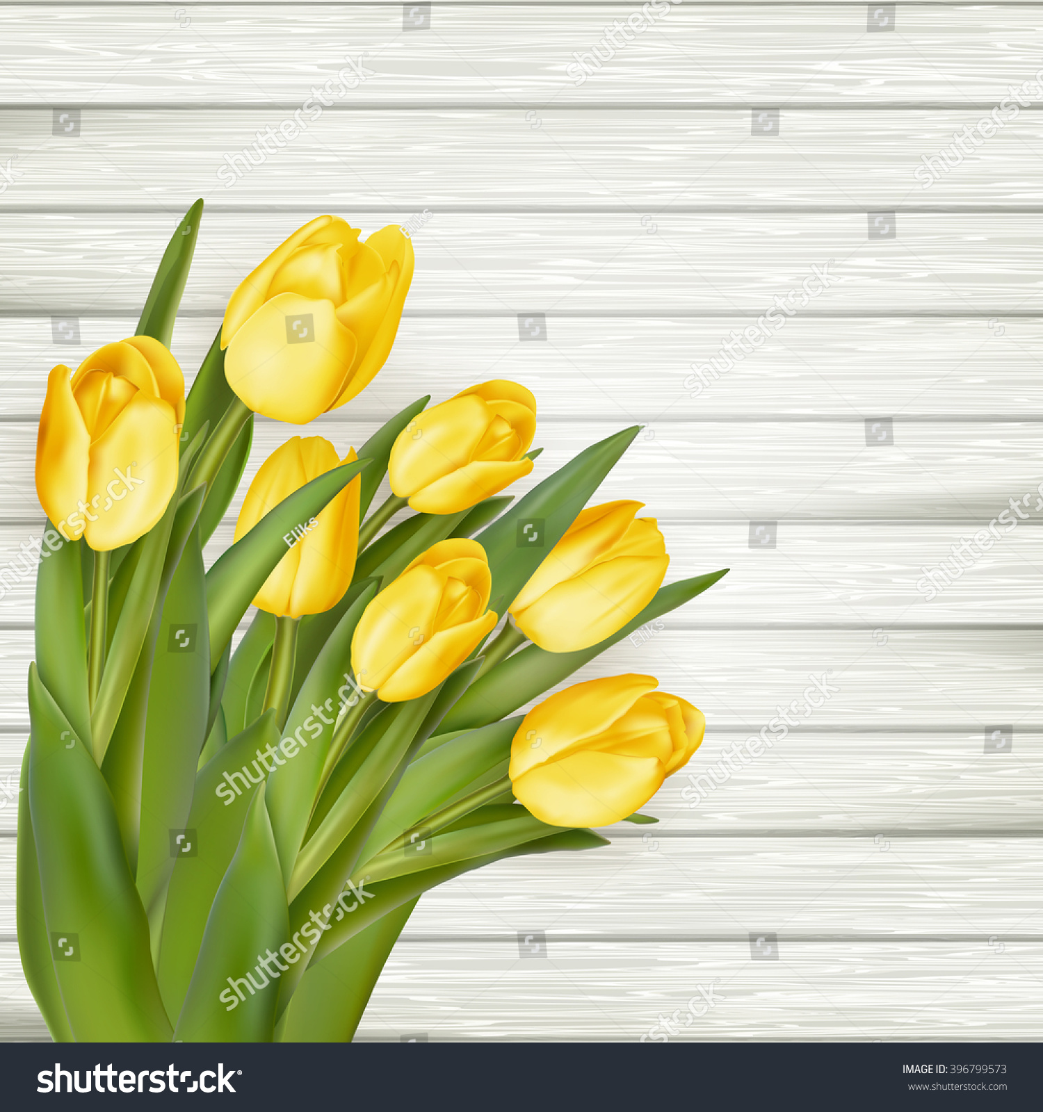Beautiful Yellow  Tulips  On Wooden Background Stock Vector  