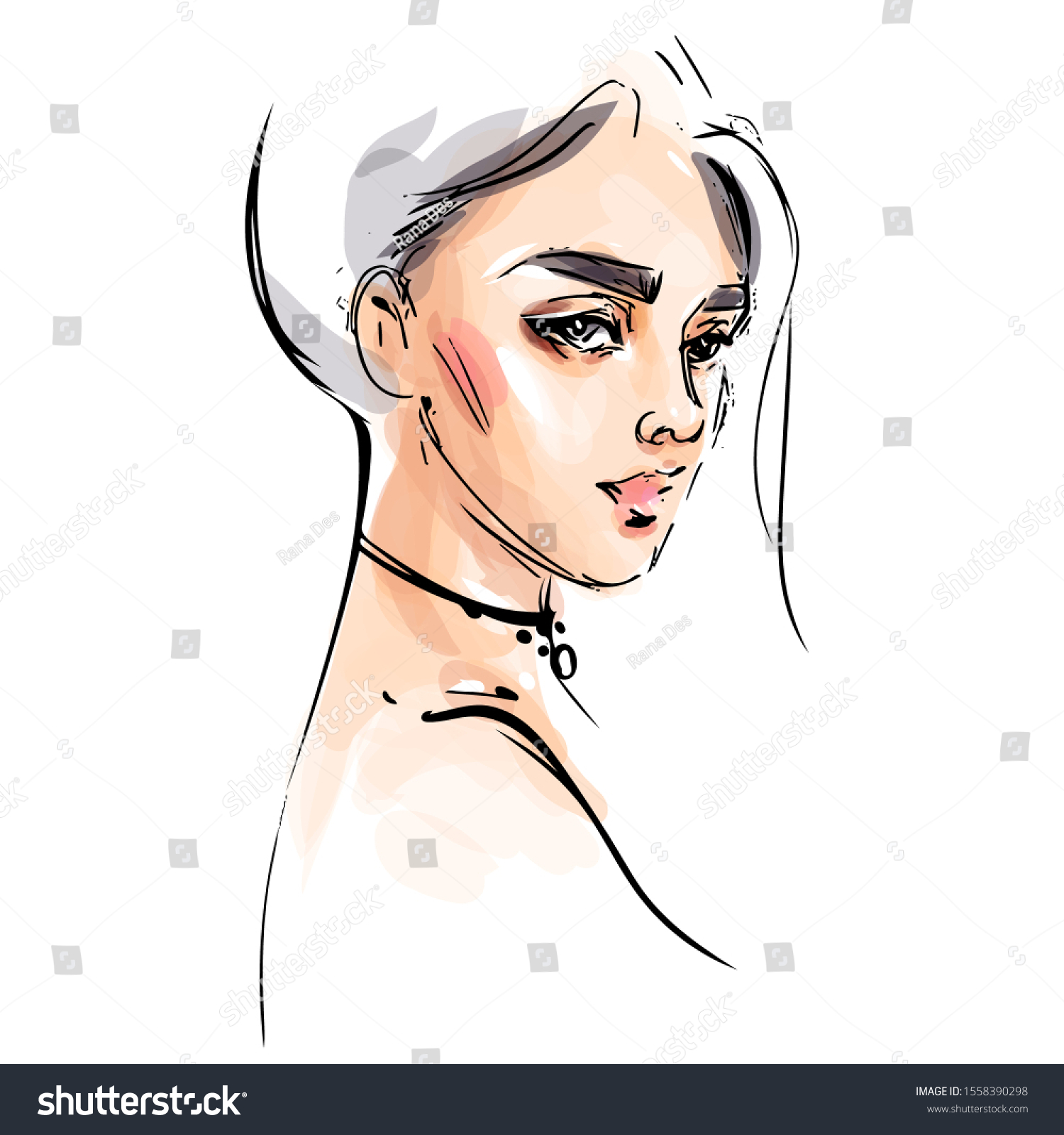 Beautiful Young Woman Face Vector Watercolor Stock Vector Royalty Free 1558390298 6439