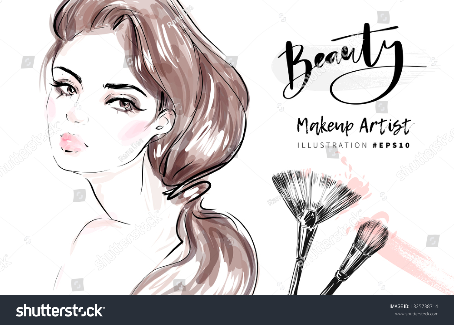 化粧筆のベクターファッションイラストを使った美しい若い女性モデルの顔 化粧品の手描きのスケッチ バナーの背景デザイン メイクアップアーティストの名刺テンプレート のベクター画像素材 ロイヤリティフリー