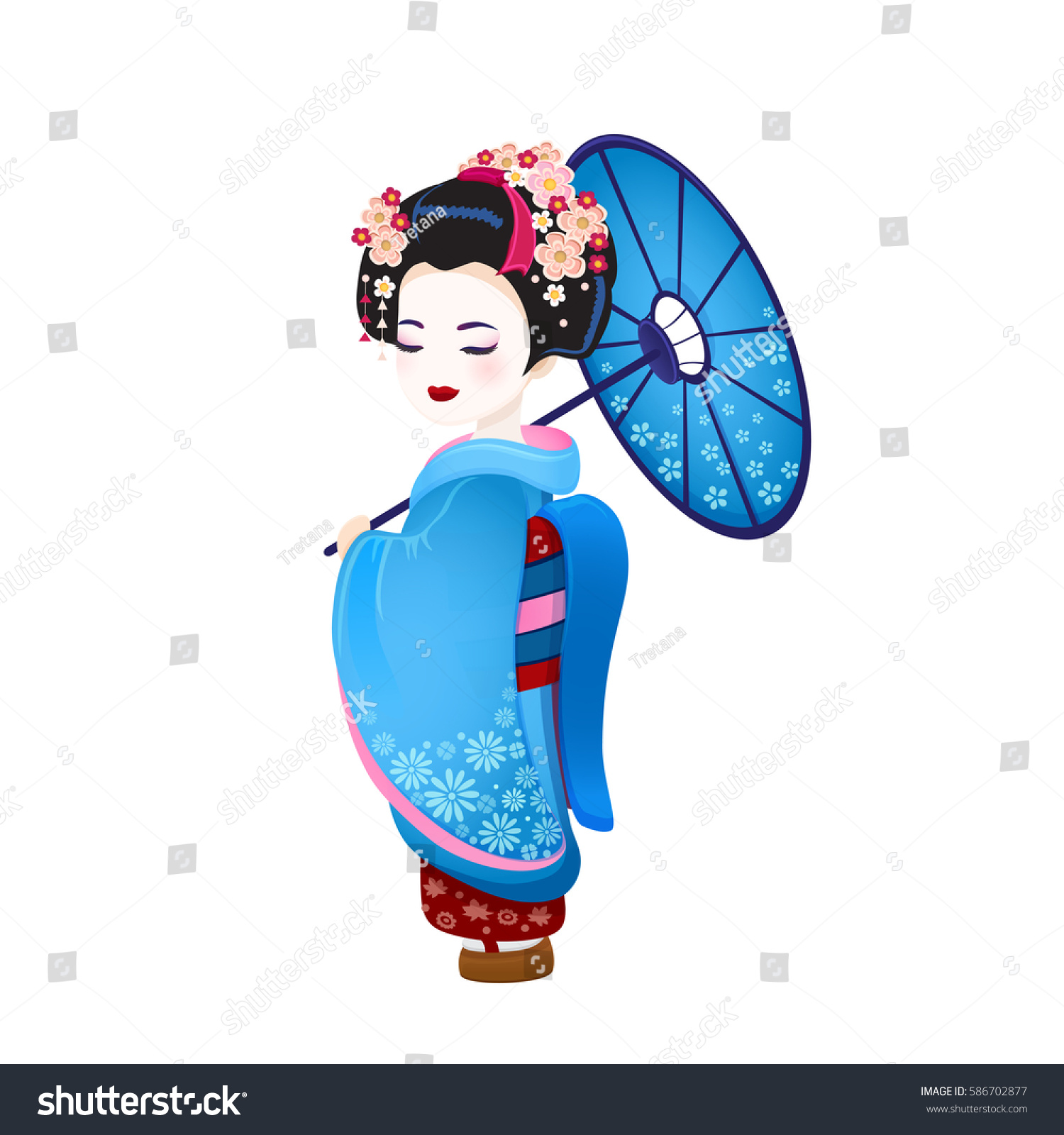 SVG of Beautifull japanese girl in kimono Young Geisha with blue umbrella hanami sakura blossom old kimono makeup maiko hair style shy, Japanese with eyes closed at the festival vector icon isolated on white svg