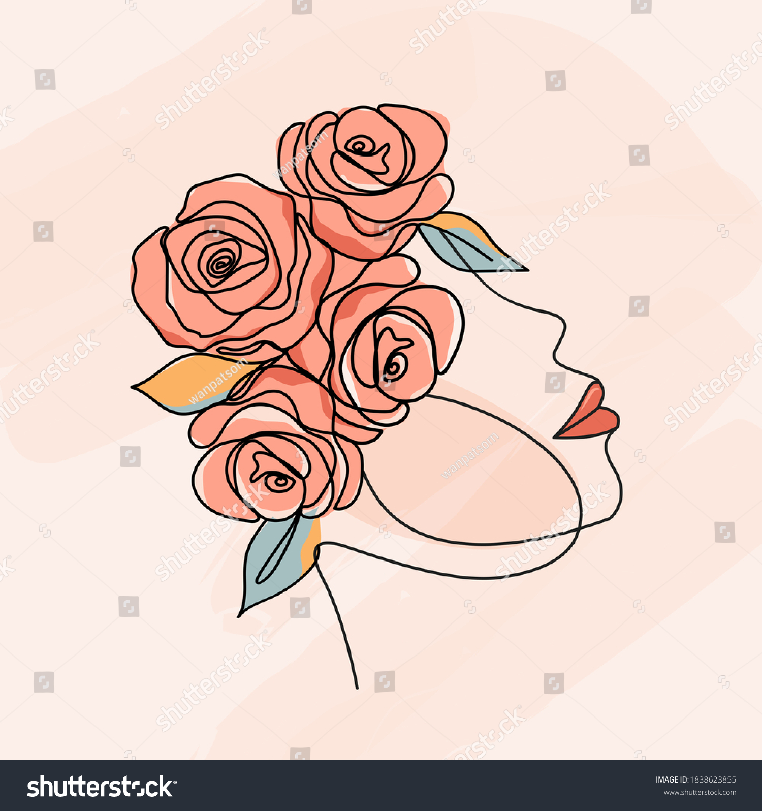 Beauty Face Flowers Line Drawing Art Stock Vector (Royalty Free) 1838623855