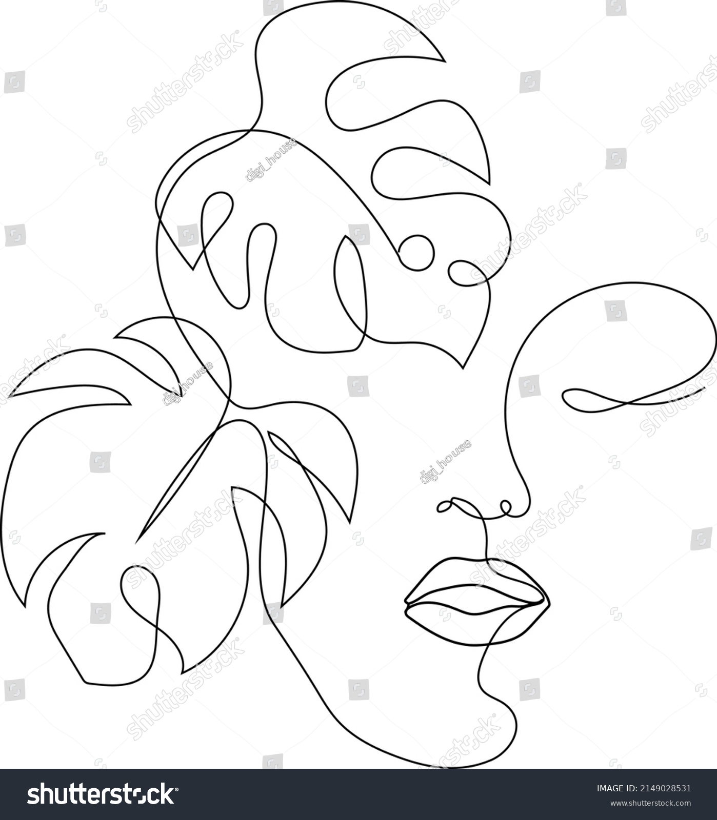 Beauty Face Leaves Line Drawing Art Stock Vector (Royalty Free ...