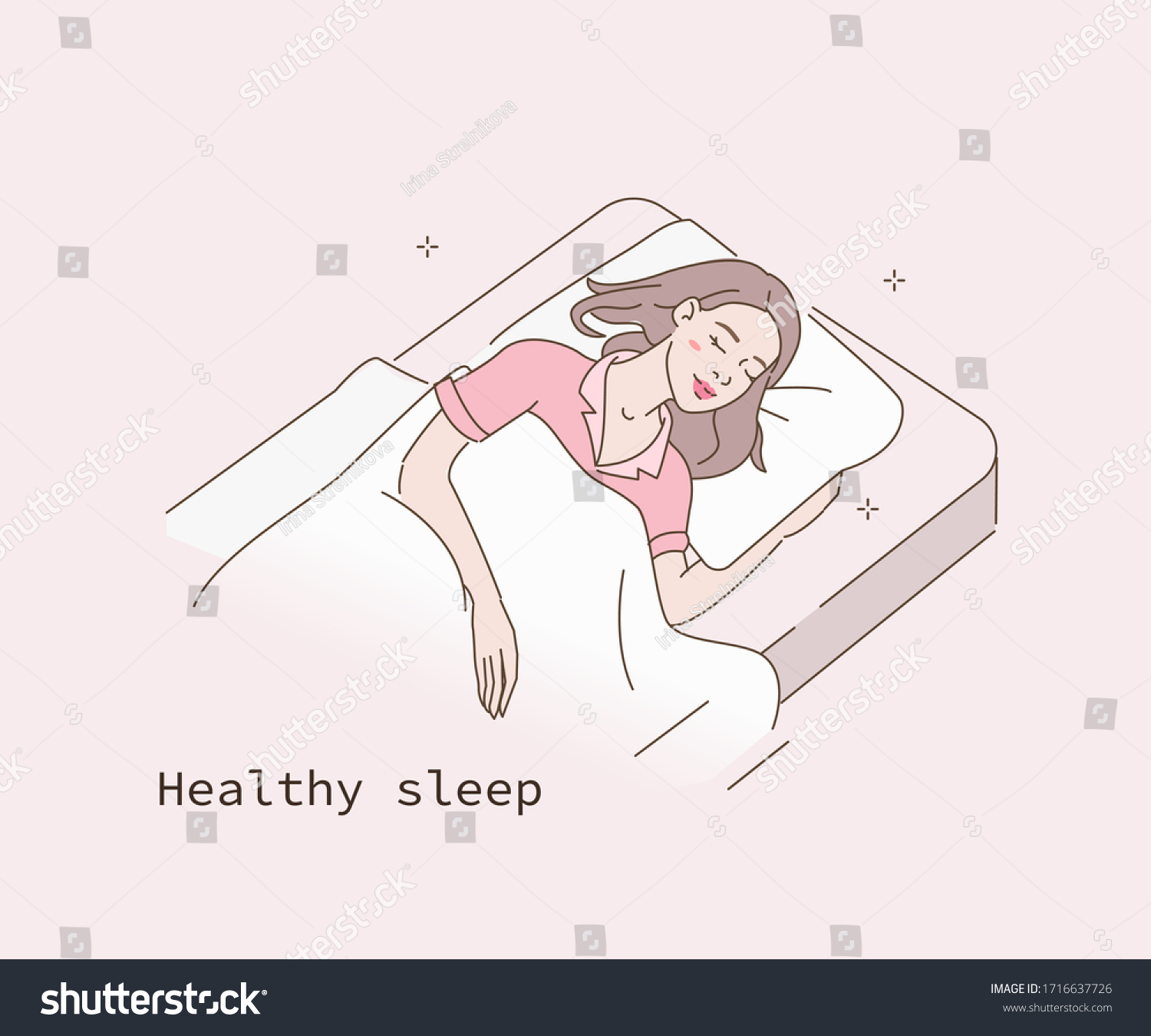 SVG of Beauty Woman Sleeping in Comfortable Bed on Soft Pillow at Home. Girl  Wearing Pajama Relaxing and Dreaming in Cozy Bed. Healthy Sleep  and Relaxation Concept. Flat Cartoon Vector Illustration. svg