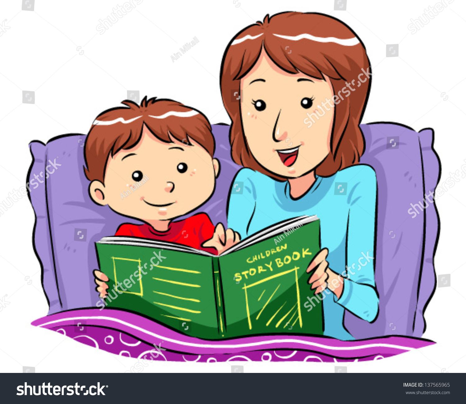 Bed Time Story Mother Reading Bed Time Story For Her Son. Vector Eps8 ...