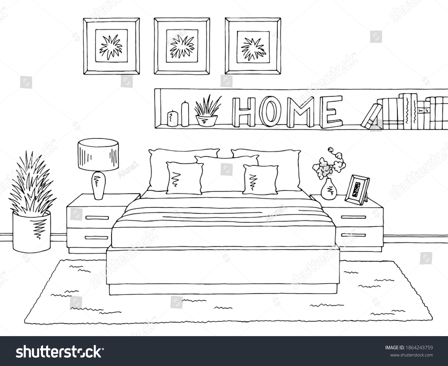 Bedroom Graphic Black White Home Interior Stock Vector (Royalty Free ...