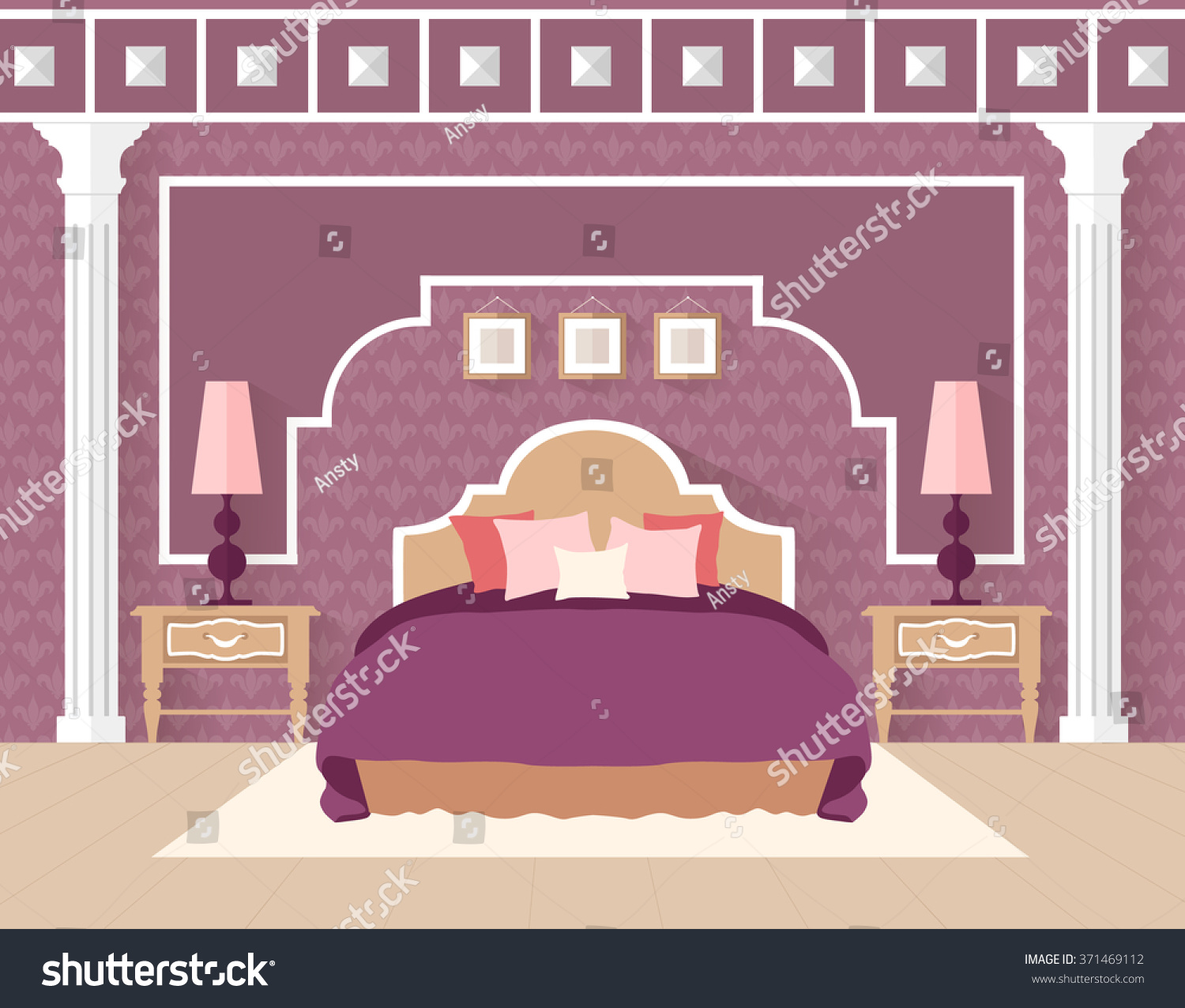 Bedroom Flat Style Purple Color Interior Stock Vector