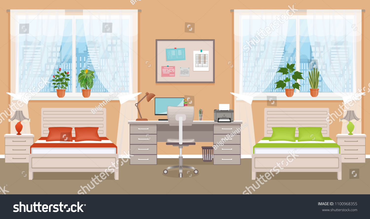 Bedroom Interior Design Two Beds Table Stock Vector Royalty Free 1100968355