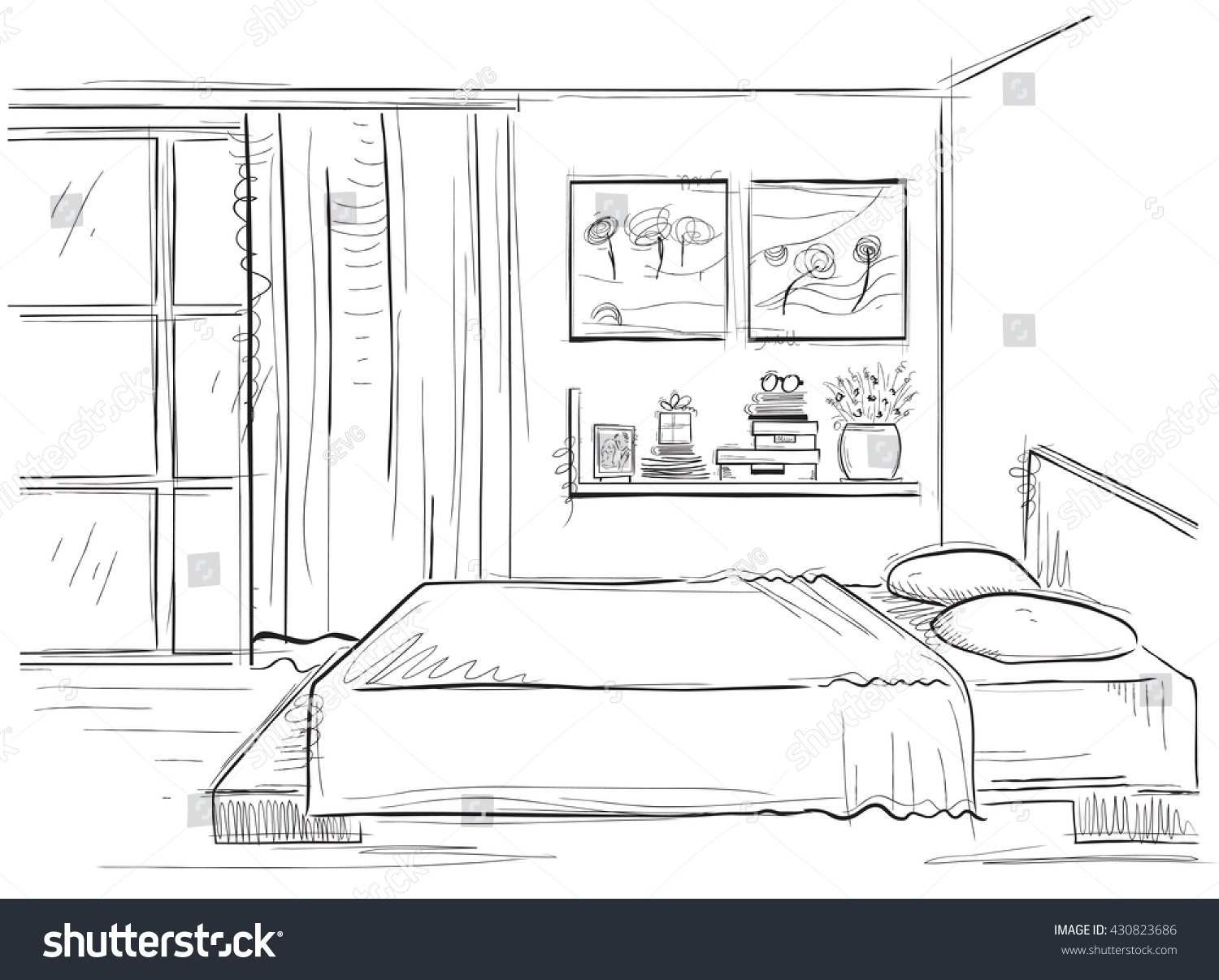 Bedroom Interiorvector Sketchy Illustration Modern Room Stock Vector