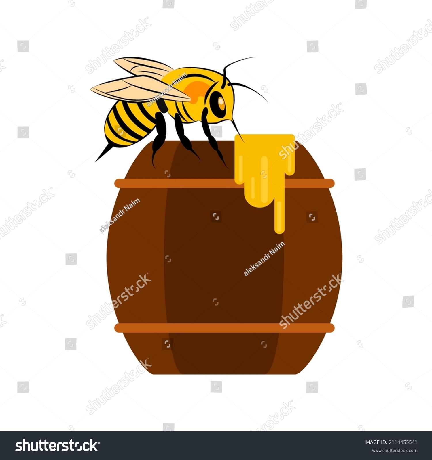 Bee Barrel Honey Isolated On White Stock Vector (Royalty Free) 2114455541