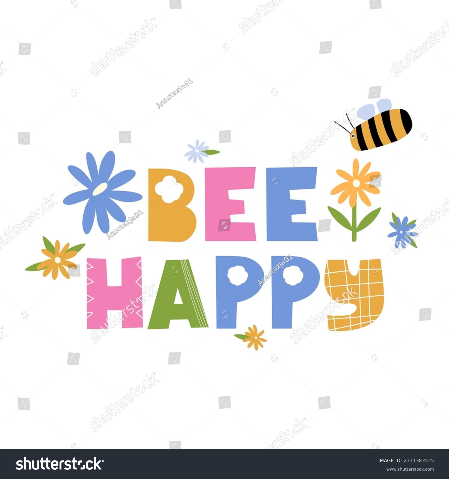 SVG of Bee happy lettering with floral elements and bee svg