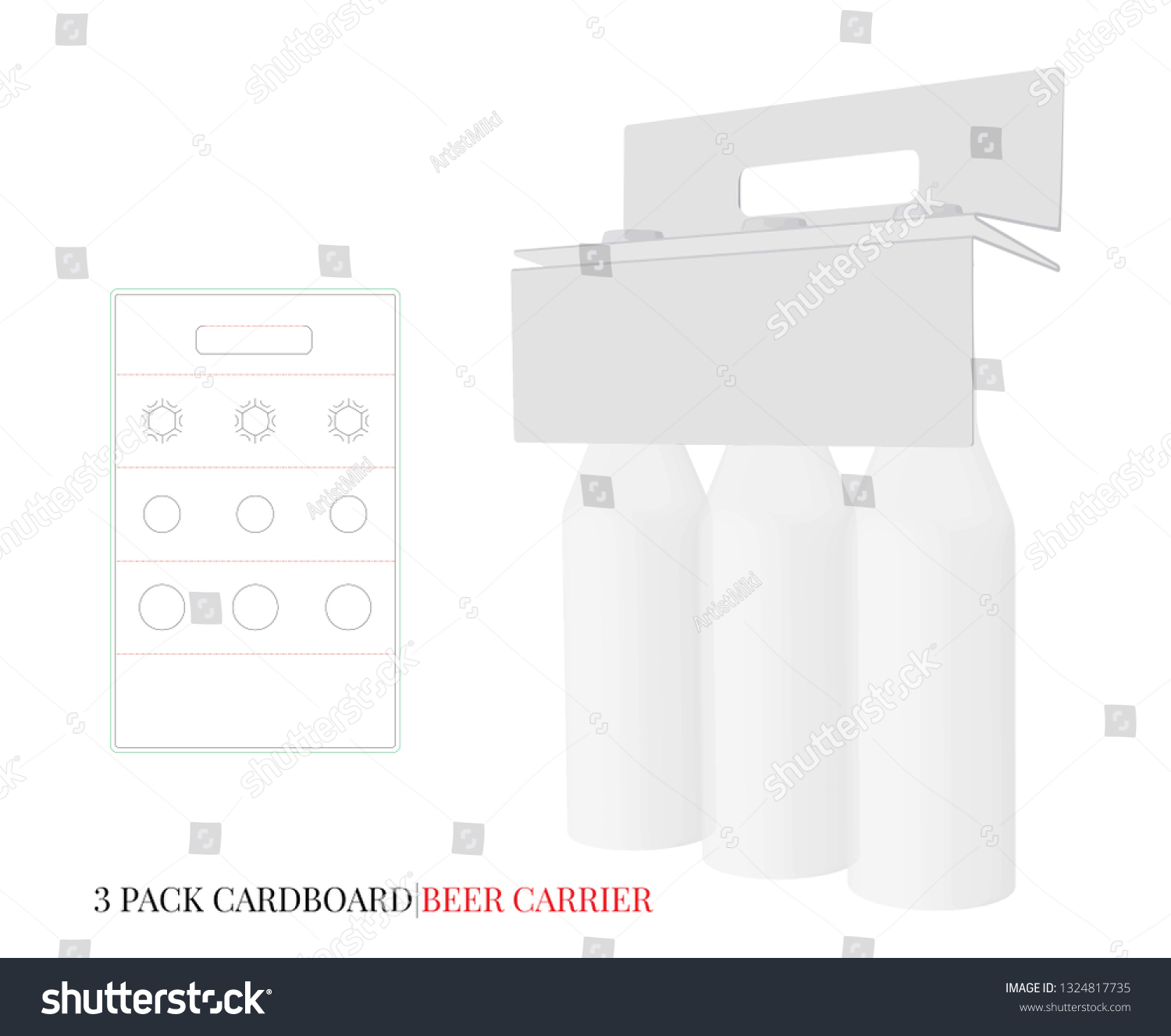 SVG of Beer Carrier Template, Three Bottles Pack, Bottles Carrier. Vector with die cut  laser cut layers. White, clear, blank, isolated mock up on white background with perspective view, 3D presentation svg