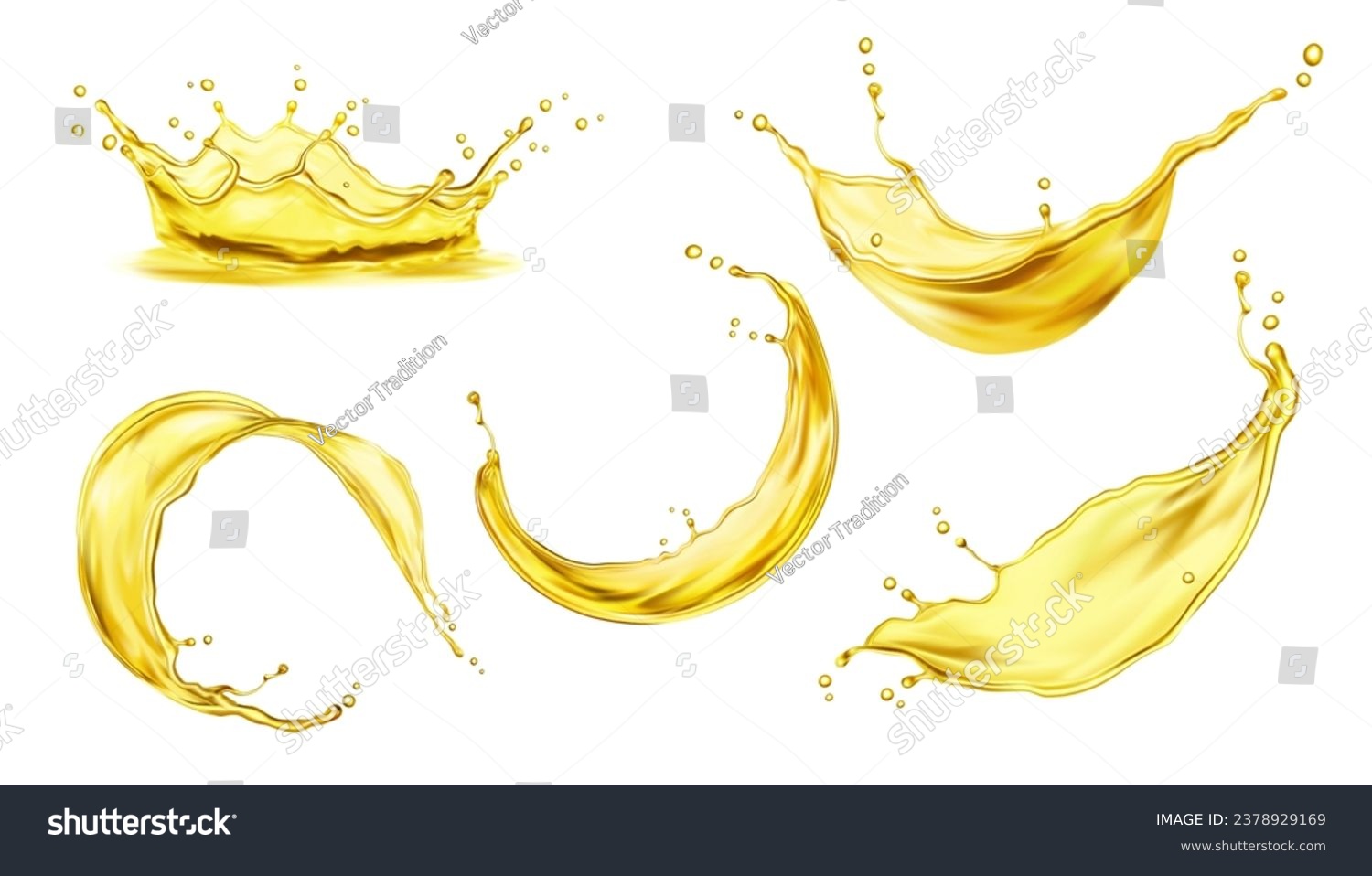 SVG of Beer or soda drink, honey, oil or juice splashes. Realistic yellow liquid swirl, transparent wave flow and crown splash set with vector 3d gold drops and ripples, refreshment beverage or food ad svg