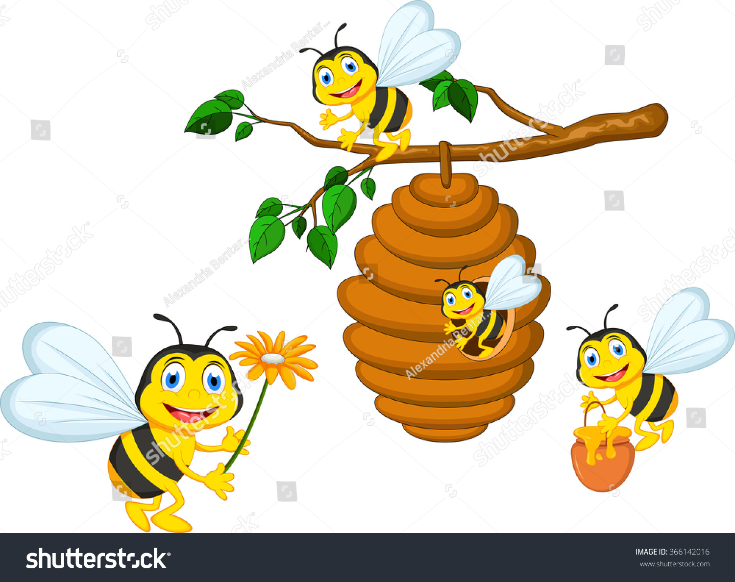 Bees Cartoon Holding Flower And A Beehive Stock Vector 366142016 ...